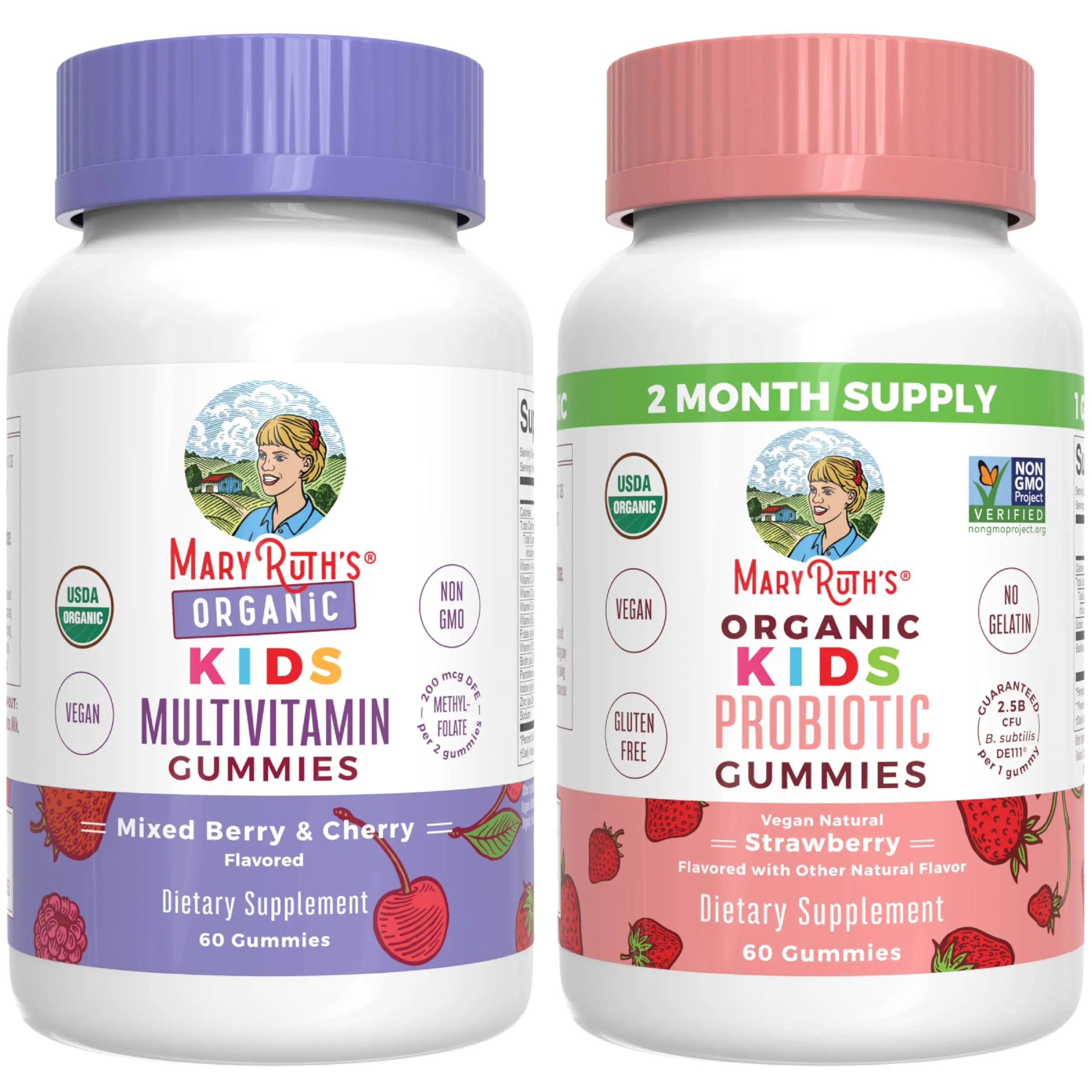 MaryRuth Organics Gummies for Kids–Multivitamin (Mixed Berry & Cherry), & Probiotic (Strawberry) | USDA Organic, No Gelatin! | MARYRUTH'SAu supplements