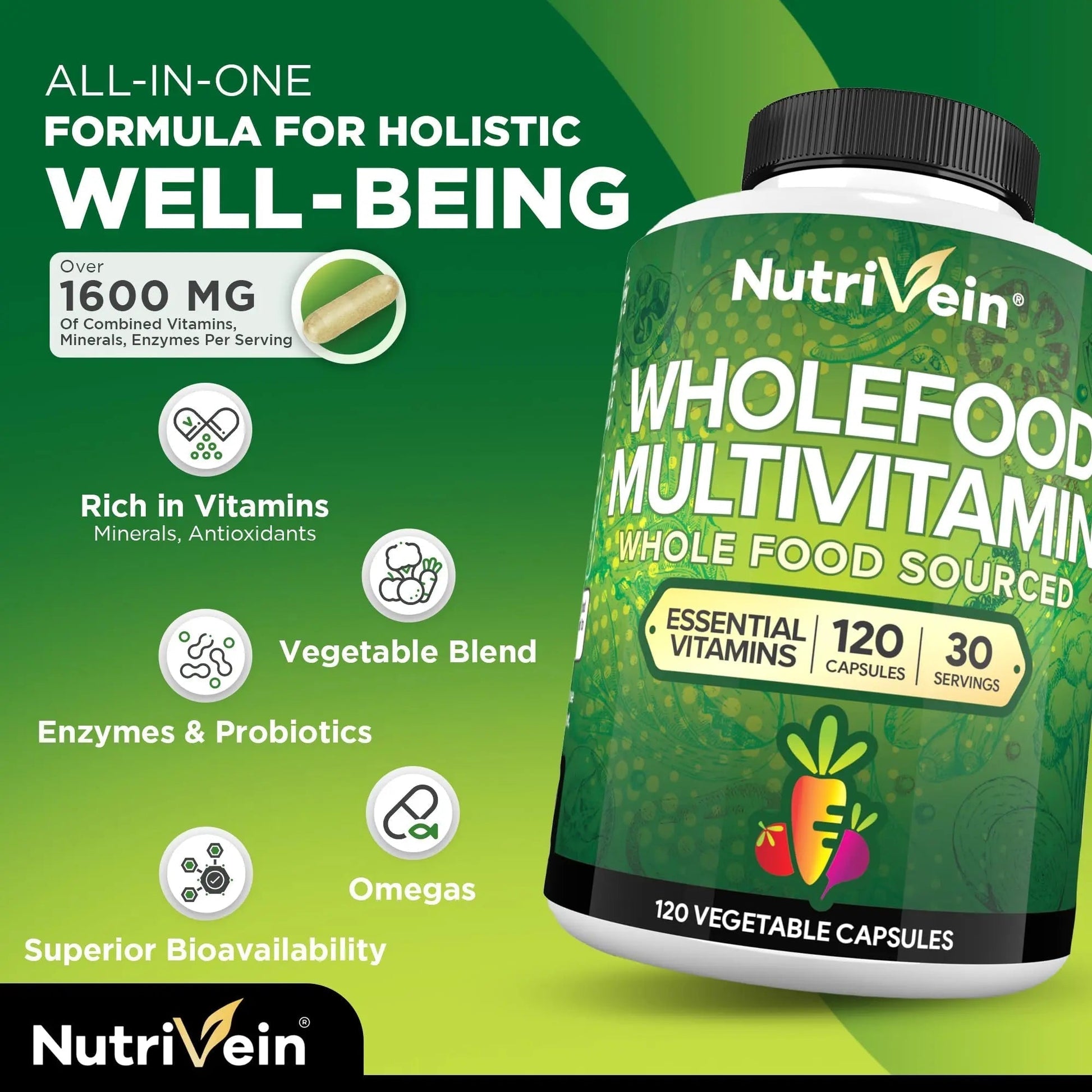 Nutrivein Whole Food Multivitamin for Men & Women – 120 Vegan Multivitamin Caps for Adults – Daily Energy, Immune & Heart Support NutriveinAu supplements