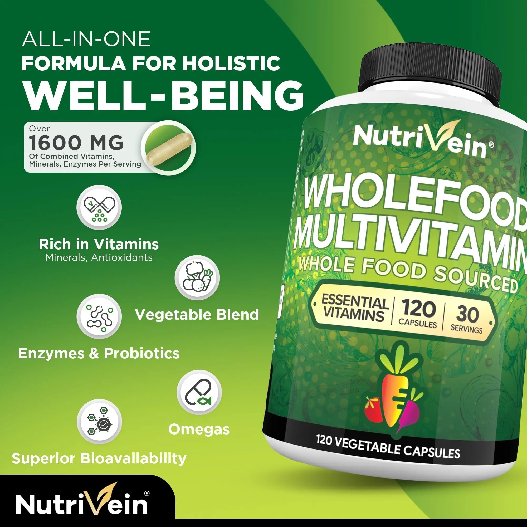 Nutrivein Whole Food Multivitamin for Men & Women – 120 Vegan Multivitamin Caps for Adults – Daily Energy, Immune & Heart Support NutriveinAu supplements