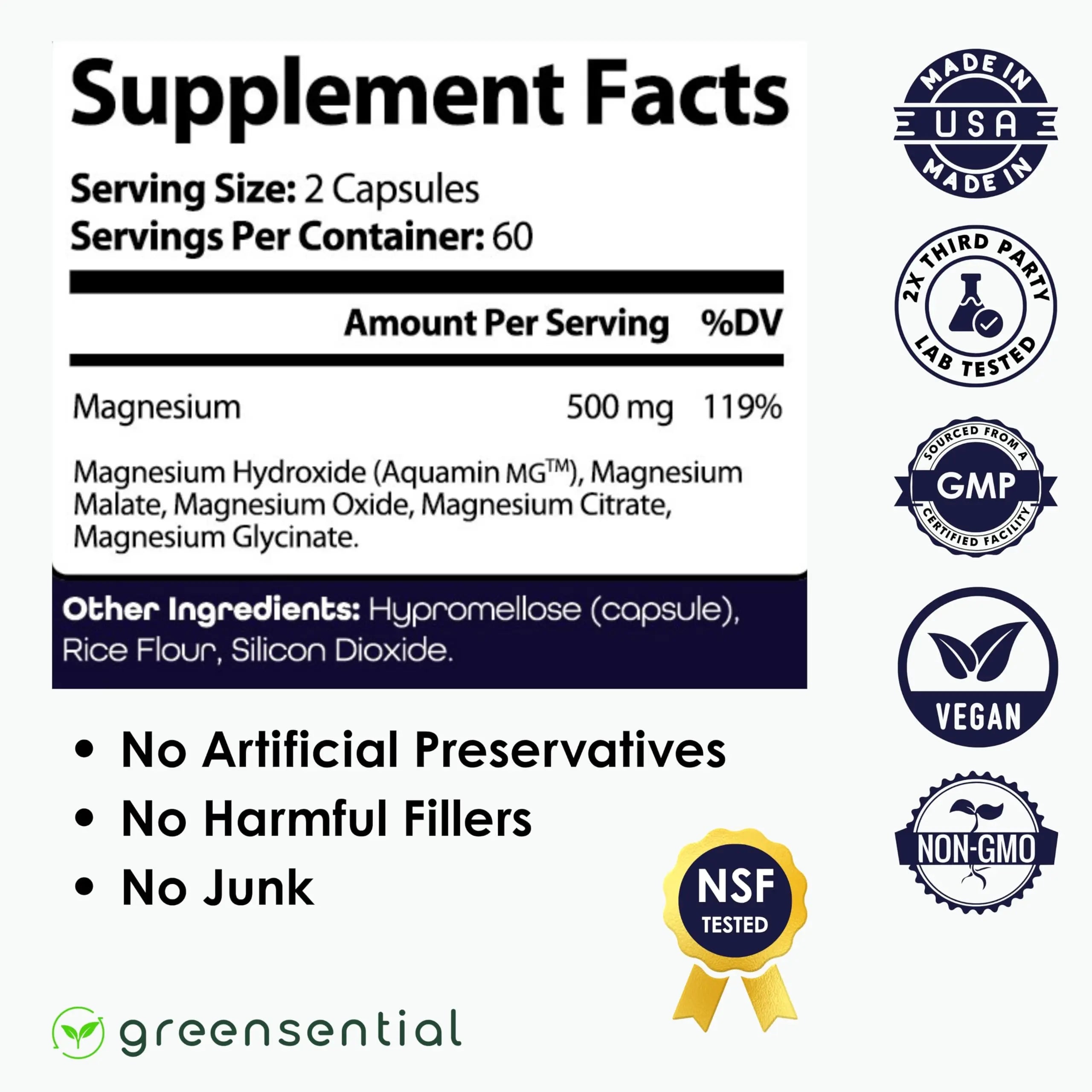 Greensential 5-in-1 Magnesium Complex 500mg | Glycinate, Malate, Citrate, Oxide & Aquamin® | for Sleep, Muscle & Heart Support | High Absorption, Vegan, 120 Capsules Greensentialnz supplements