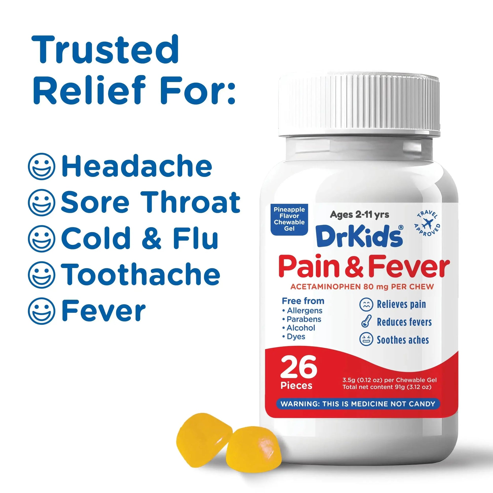 Dr. Kids Children’s Pain and Fever Chewable Gels – Pain Relief and Fever Reducer for Kids Ages 2–11, 80 mg Chewable Acetaminophen for Headache, Sore Throat, Cold & Flu, Pineapple Flavor, 26 Count Dr. KidsAu supplements