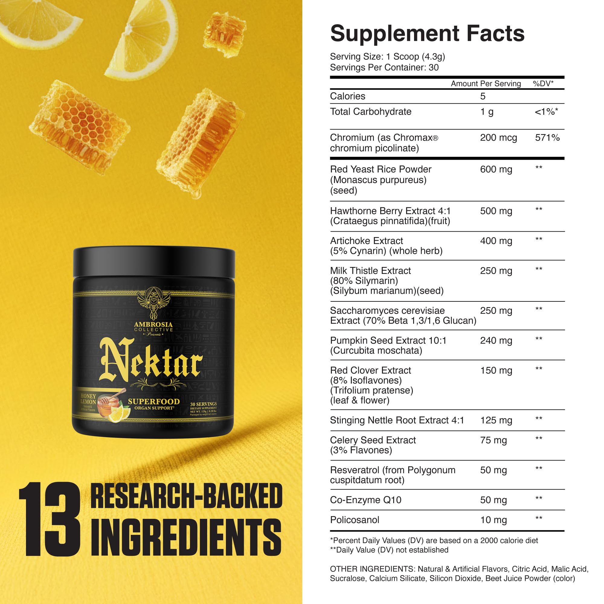 Ambrosia Superfood Organ & Cycle Support Powder | Liver & Kidney Support with Milk Thistle, Red Yeast Rice & CoQ10 | 13 Superfood Ingredients | 30 Servings | Honey Lemon AmbrosiaAu supplements