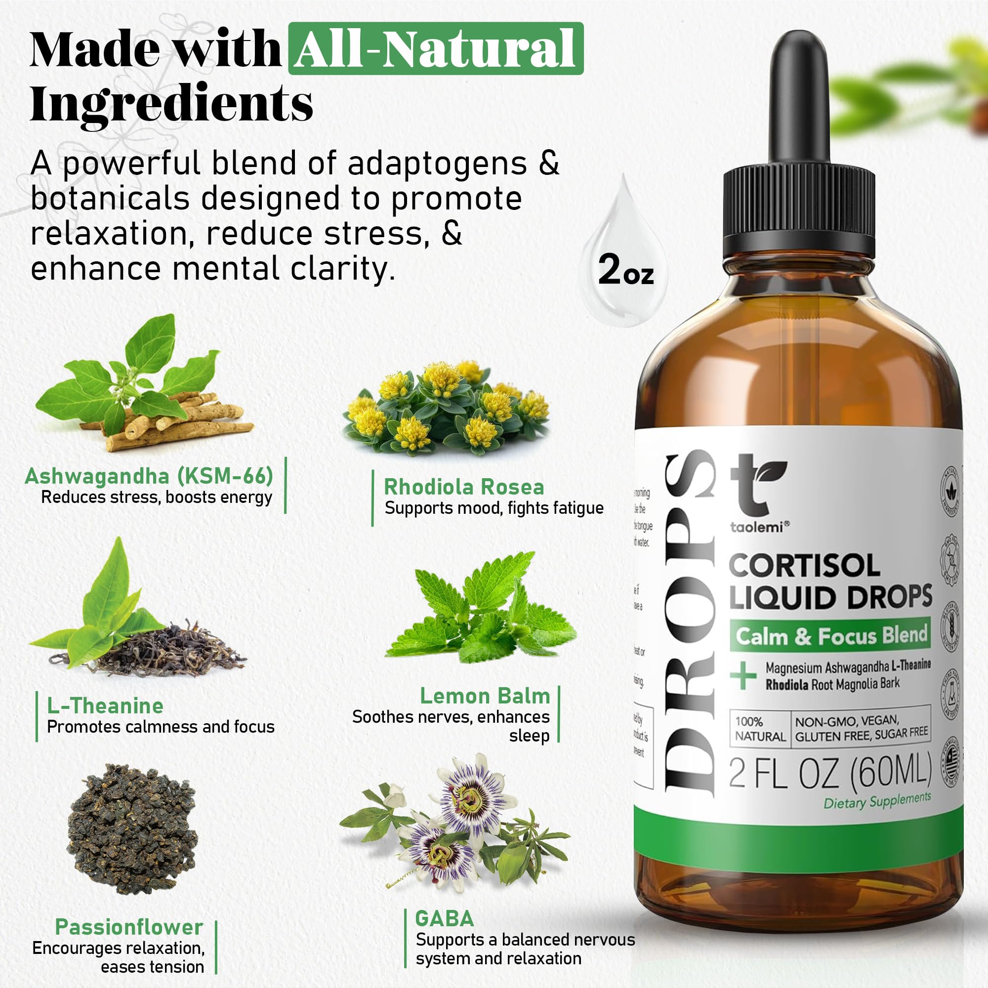 Cortisol Manager Drops with Magnesium & Ashwagandha - Advanced Liquid Blend for Relaxation, Supports Restful Sleep, Fast-Absorbing Liquid, Non-GMO, 2 Fl Oz taolemiAu supplements