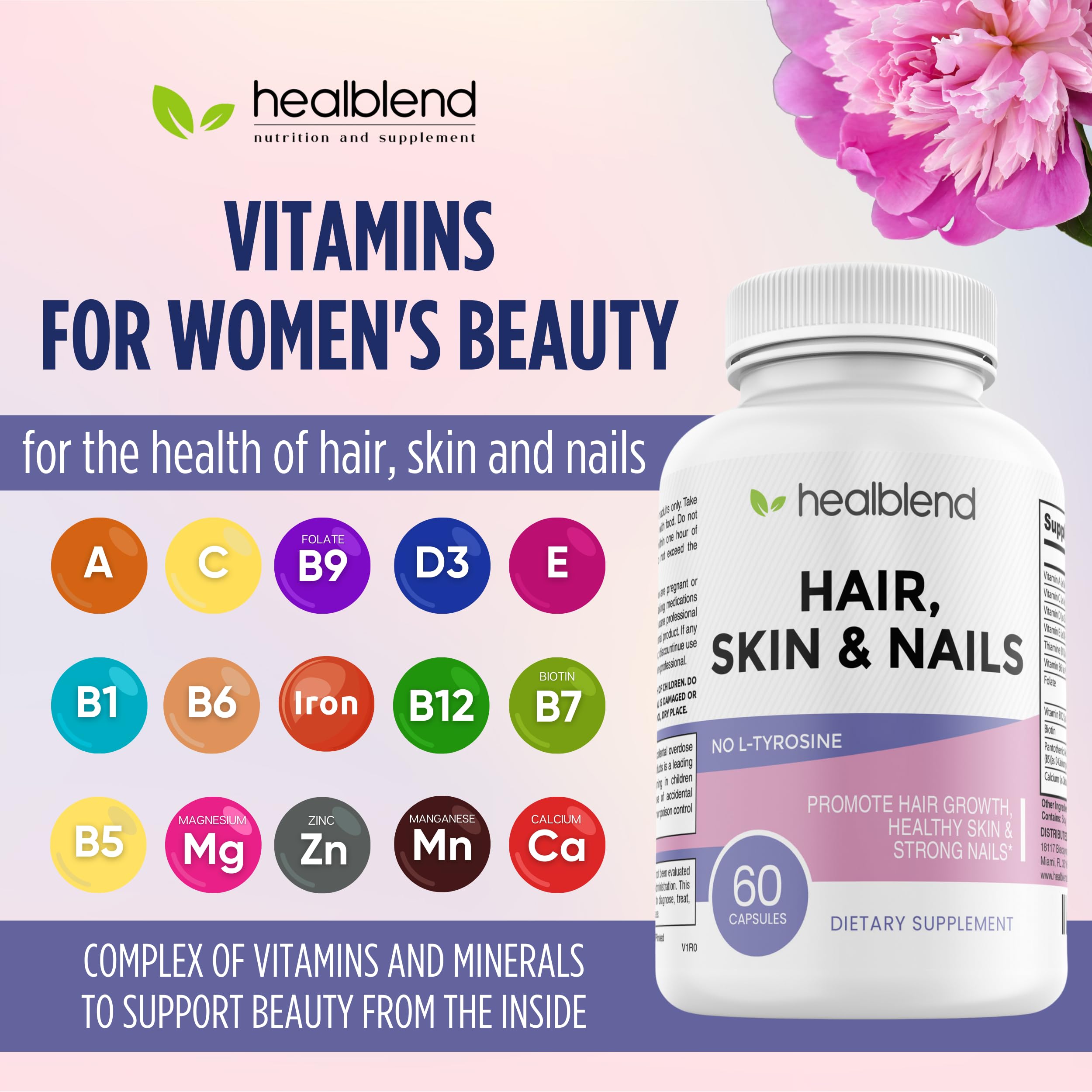 healblend Hair Skin and Nails Vitamins for Women with Biotin 5000 mcg, Iron and Manganese | Vegan, Non-GMO | 60 Capsules healblendAu supplements