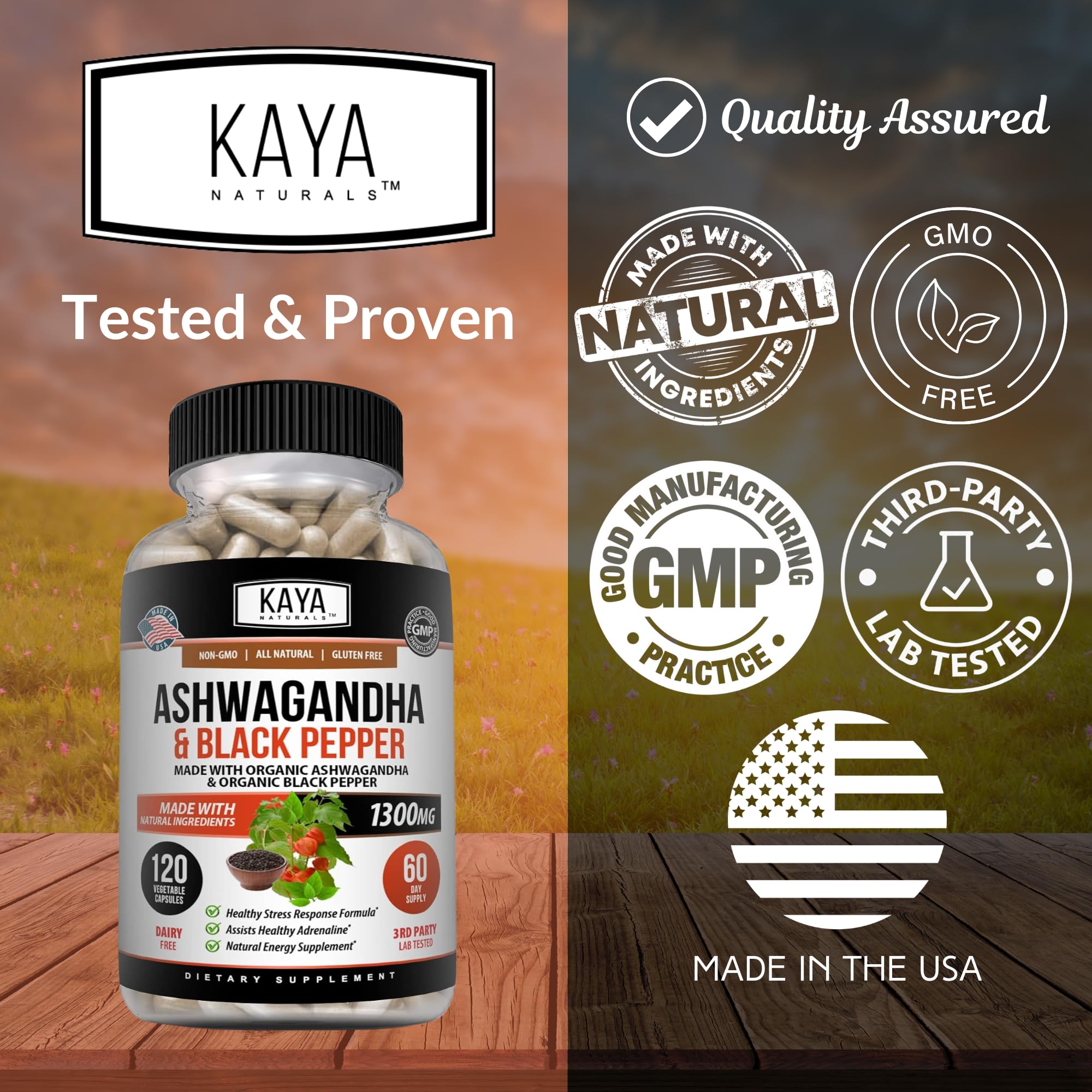 Kaya Naturals Ashwagandha 1300mg, 120 Count Capsules for Stress Relief, Adrenal, Mood & Thyroid Support, Black Pepper and 100% Pure Ashwagandha -120 Capsules Kaya NaturalsAu supplements