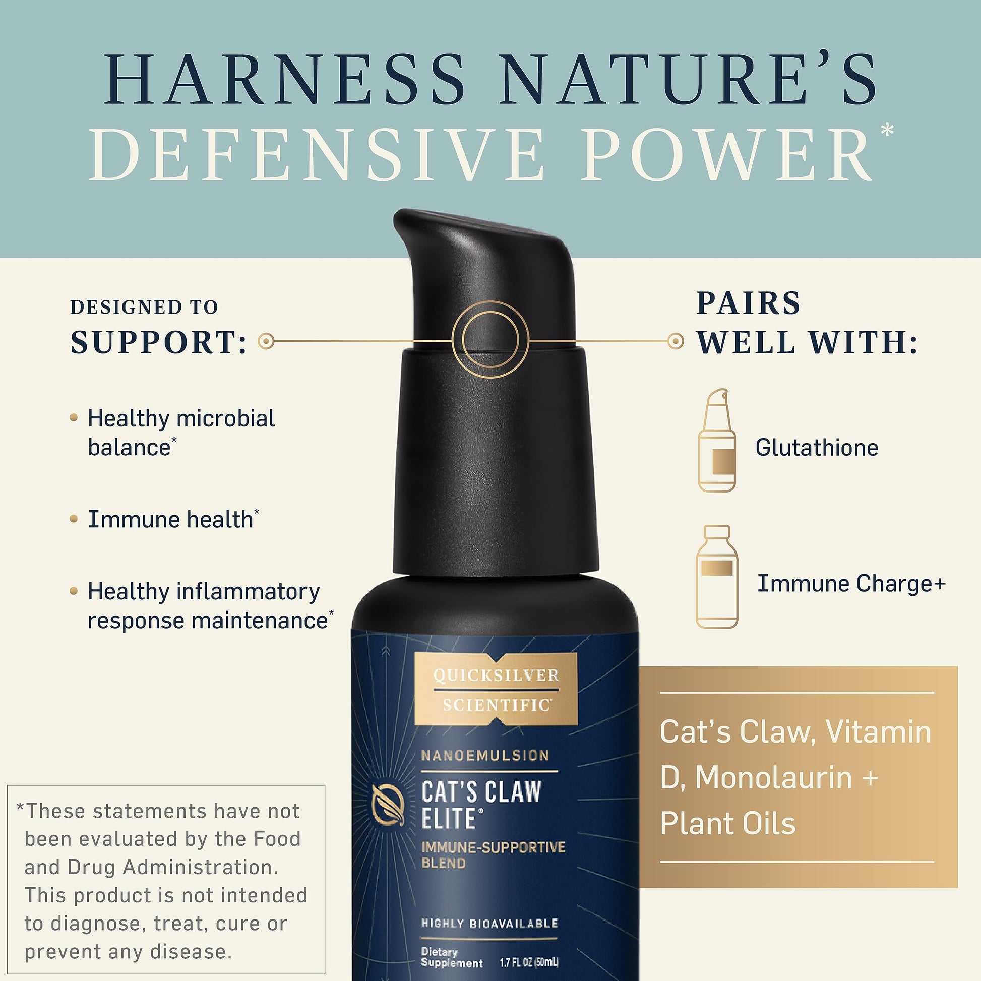 Quicksilver Scientific Nanoemulsified Cat's Claw - Liquid Immune Support Supplement with Uncaria tomentosa, 1000 IU Vitamin D + Monolaurin - Vegan + Superior Liposomal Absorption (1.7oz / 50ml) Quicksilver ScientificUS supplements