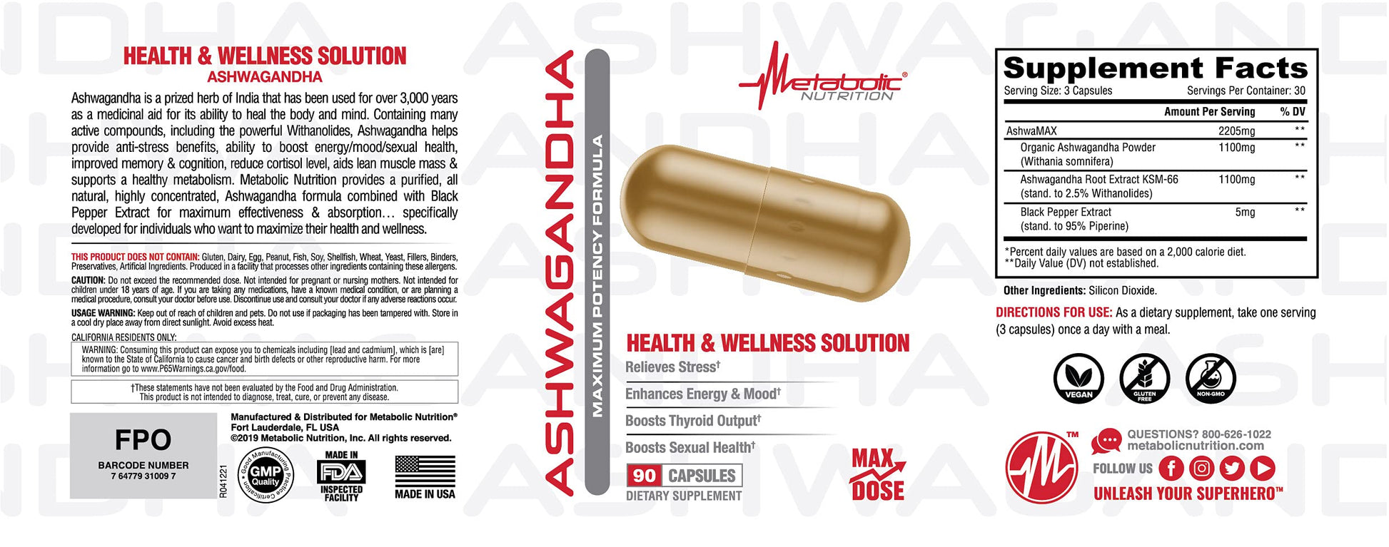 Metabolic Nutrition Ashwagandha 2200mg Made with Organic Ashwagandha Powder and Black Pepper Extract, 90 Vegan Capusles Metabolic NutritionAu supplements