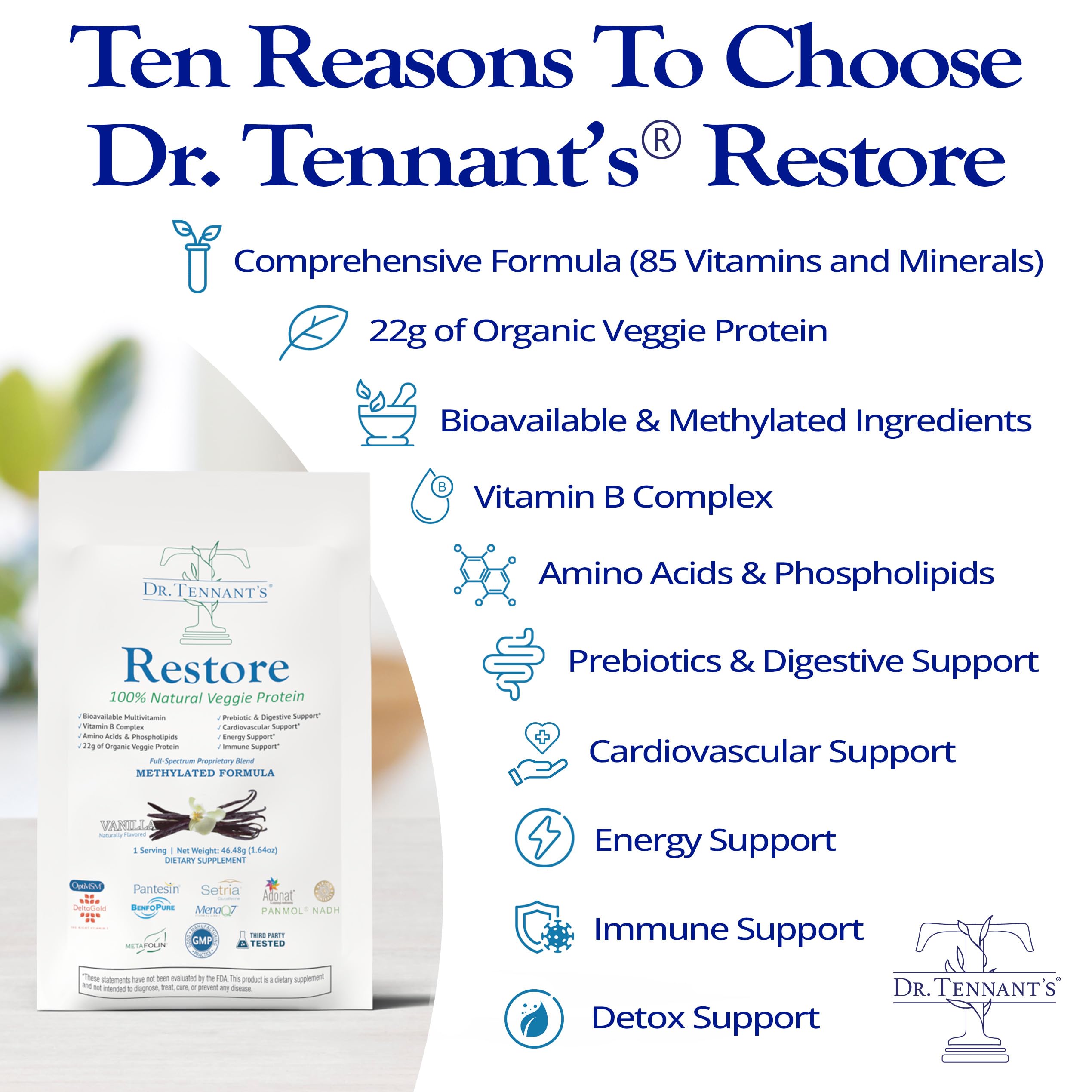 Dr. Tennant's Restore Vanilla Shake | 50+ Methylated Vitamins & Minerals | 23g Vegan Protein | Organic, Gluten-Free | Boosts Energy, Immune & Gut Health | 14-Day All-in-One Supplement Dr. Tennant'sAu supplements