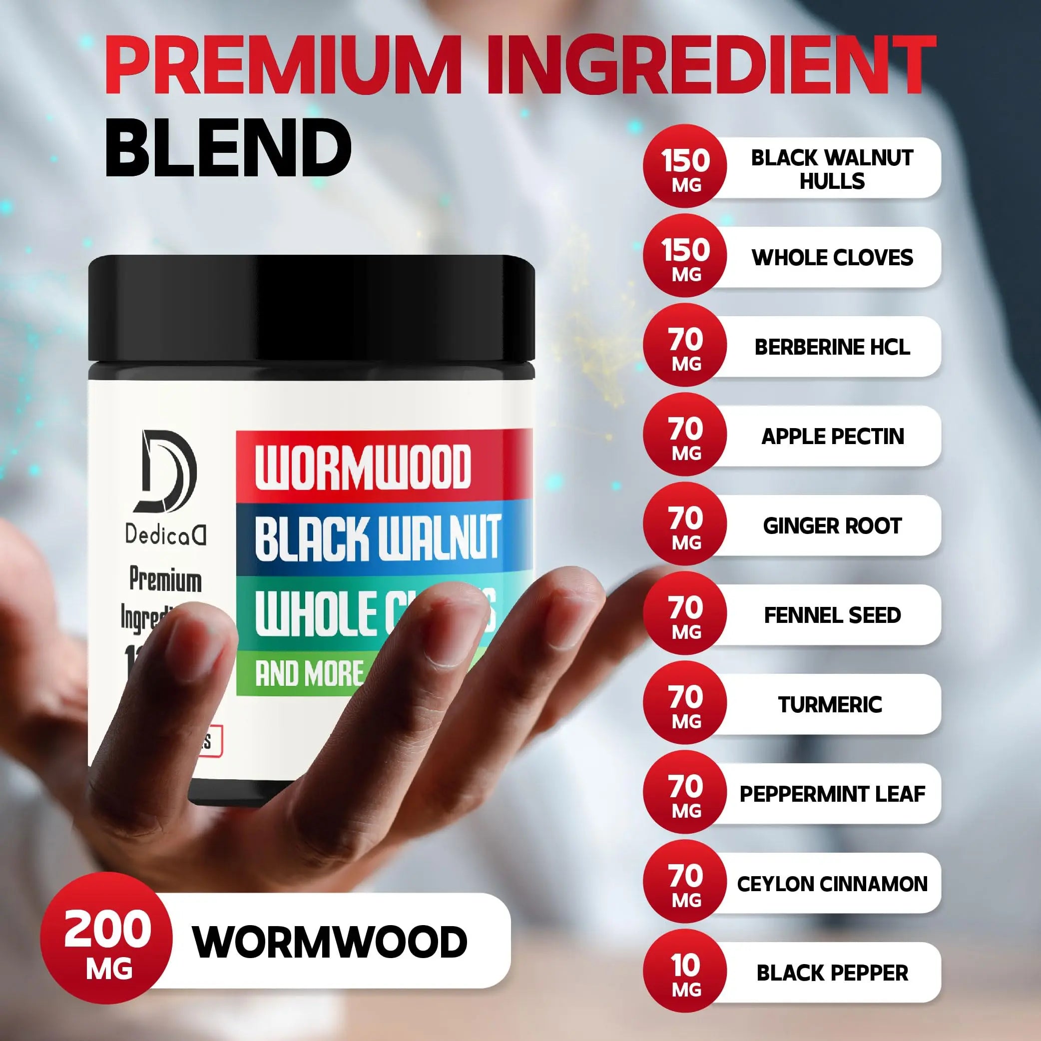 DEDICAD Wormwood Supplement - 120 Capsules Extracted from Black Walnut, Cloves, Turmeric, Apple, Berberine HCl & More - 11 Ingredients Combined for Immune System - 2-Month Supply DEDICADnz supplements