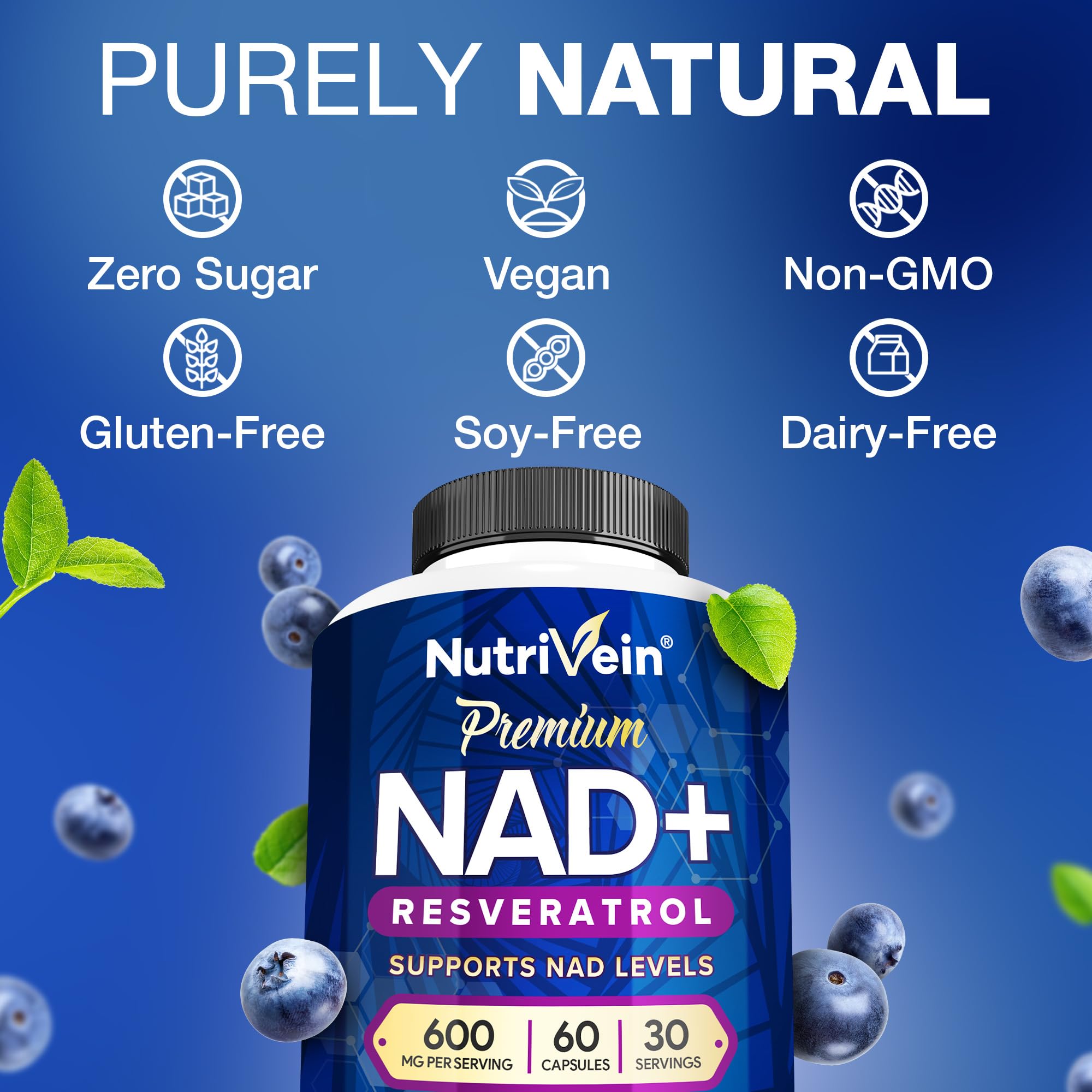 Nutrivein Premium NAD + Resveratrol Supplement 600 mg - 30 Servings (60 Capsules): Powerful Synergistic NAD Resveratrol Supplement - Aging, Cognition, Metabolism, & Overall Well-Being NutriveinAu supplements