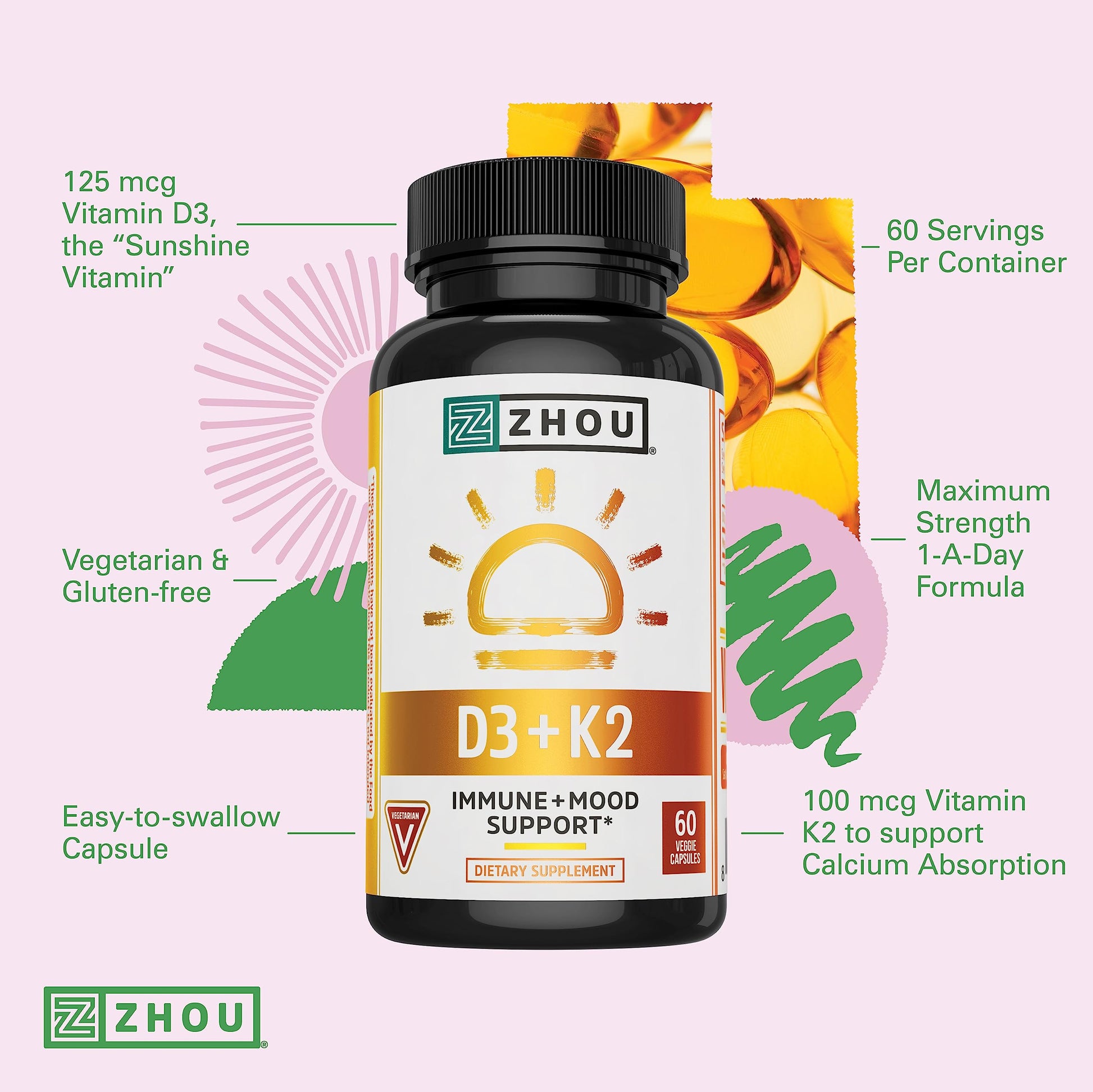 Zhou Nutrition Vitamin D3 K2, Bone and Heart Health Formula 5000 IU Vitamin D3 & 90 mcg Zhou NutritionUS supplements