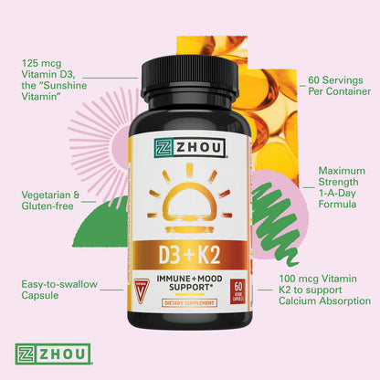 Zhou Nutrition Vitamin D3 K2, Bone and Heart Health Formula 5000 IU Vitamin D3 & 90 mcg Zhou NutritionUS supplements