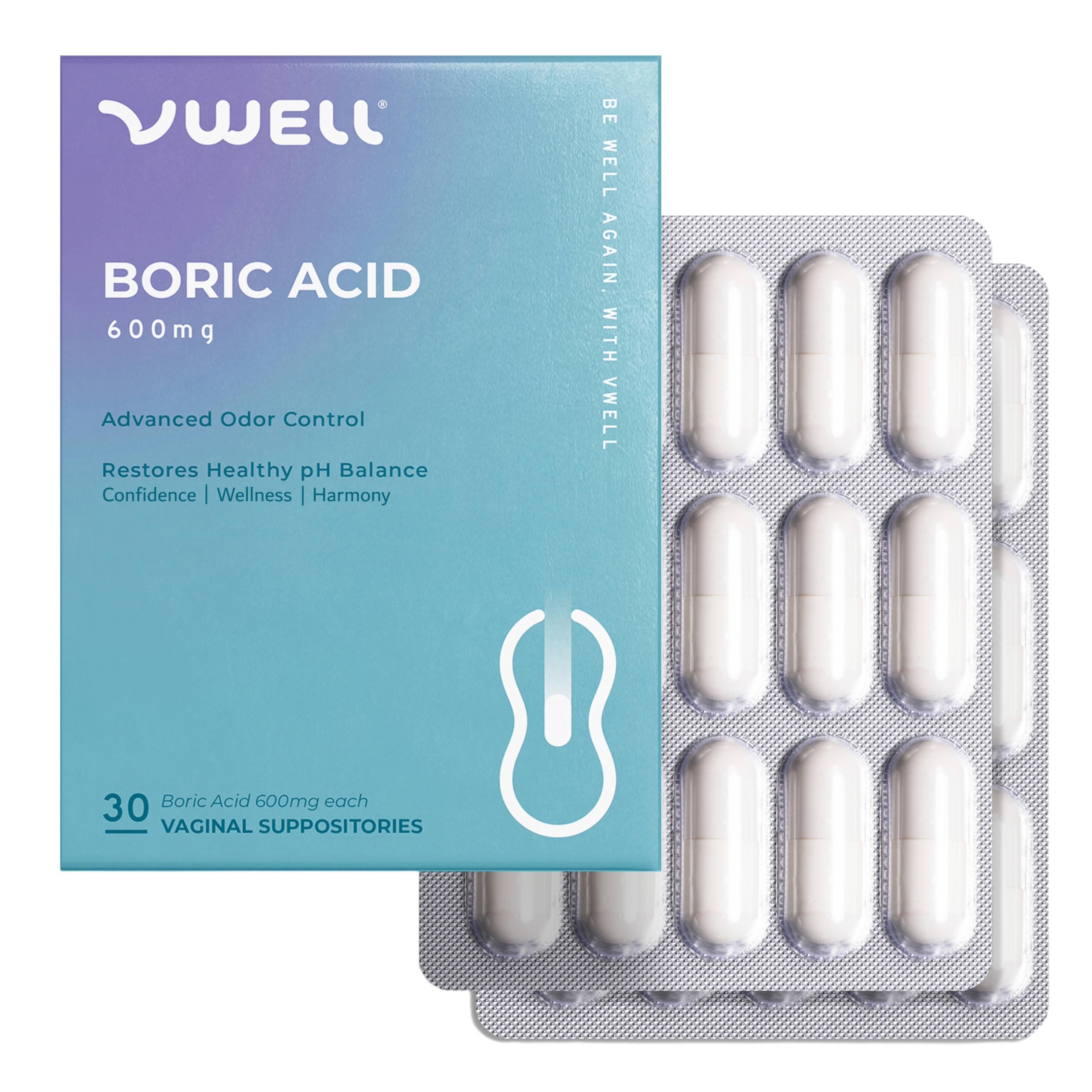 VWELL Boric Acid Vaginal Suppositories - Homeopathic Solution Maintains and Balances Healthy Vaginal pH & Microbiome Intimacy - Doctors Recommended (One Size, 30, Count) VWELLUS supplements