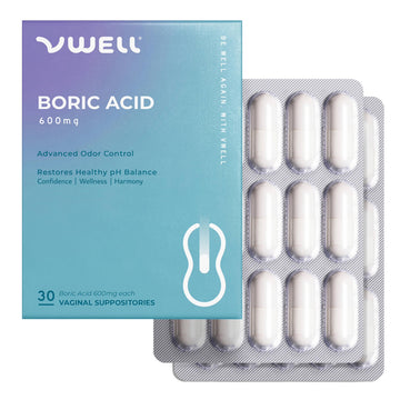 VWELL Boric Acid Vaginal Suppositories - Homeopathic Solution Maintains and Balances Healthy Vaginal pH & Microbiome Intimacy - Doctors Recommended (One Size, 30, Count) VWELLUS supplements