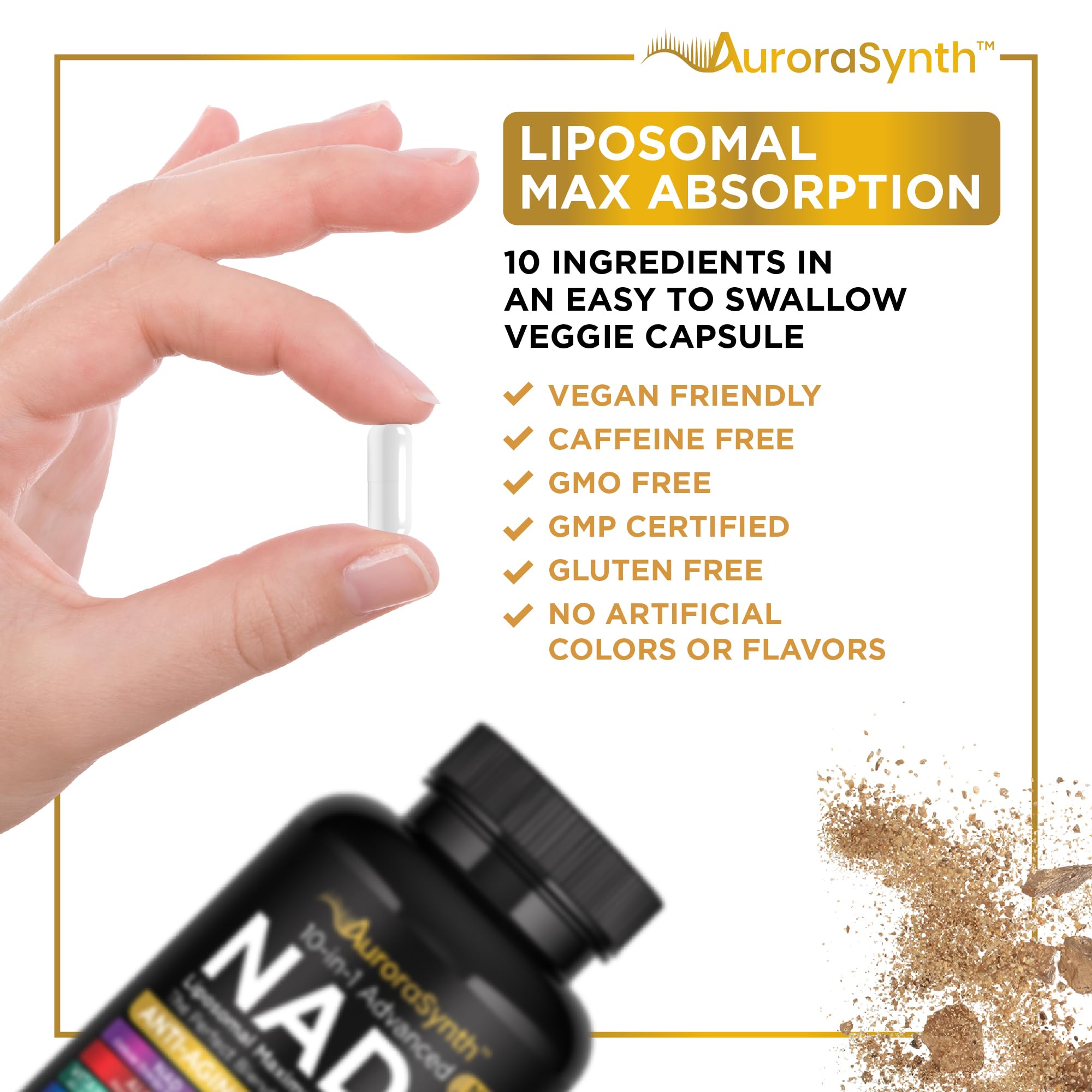 NAD+ Supplement Liposomal Capsules - Max Absorption for Cellular Energy, Healthy Aging, Brain Function & DNA Health - Vegan, Non-GMO, Gluten-Free Supplement - 60 Capsules - Supports NAD Levels AuroraSynthAu supplements