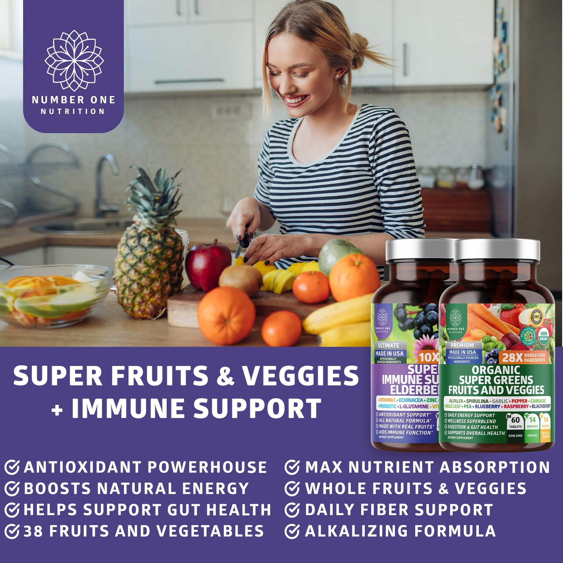 N1N Premium Organic Super Fruits & Veggies + Immune Support [38 Powerful Ingredients], Natural Super Greens Supplement with Alfalfa, Vitamins & Minerals, Zinc, Turmeric and Probiotic, 120 Caps Number One NutritionAu supplements