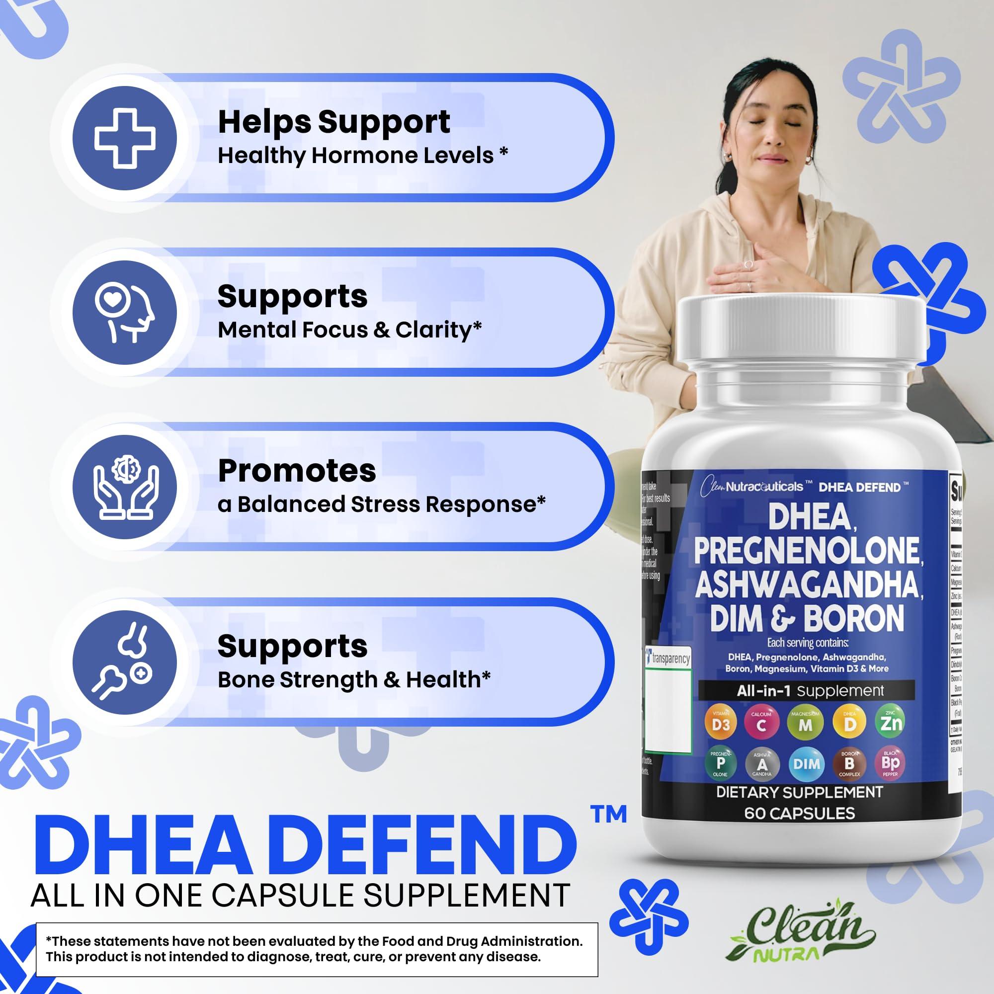 DHEA 200mg Supplement Pregnenolone 100mg for Men & Women with DIM Ashwagandha Boron 6mg Complex Calcium Magnesium Zinc 50mg Vitamin D3 5000 iu Hormone Support Capsules Pills - Made in USA 60 Ct Clean NutraceuticalsAu supplements