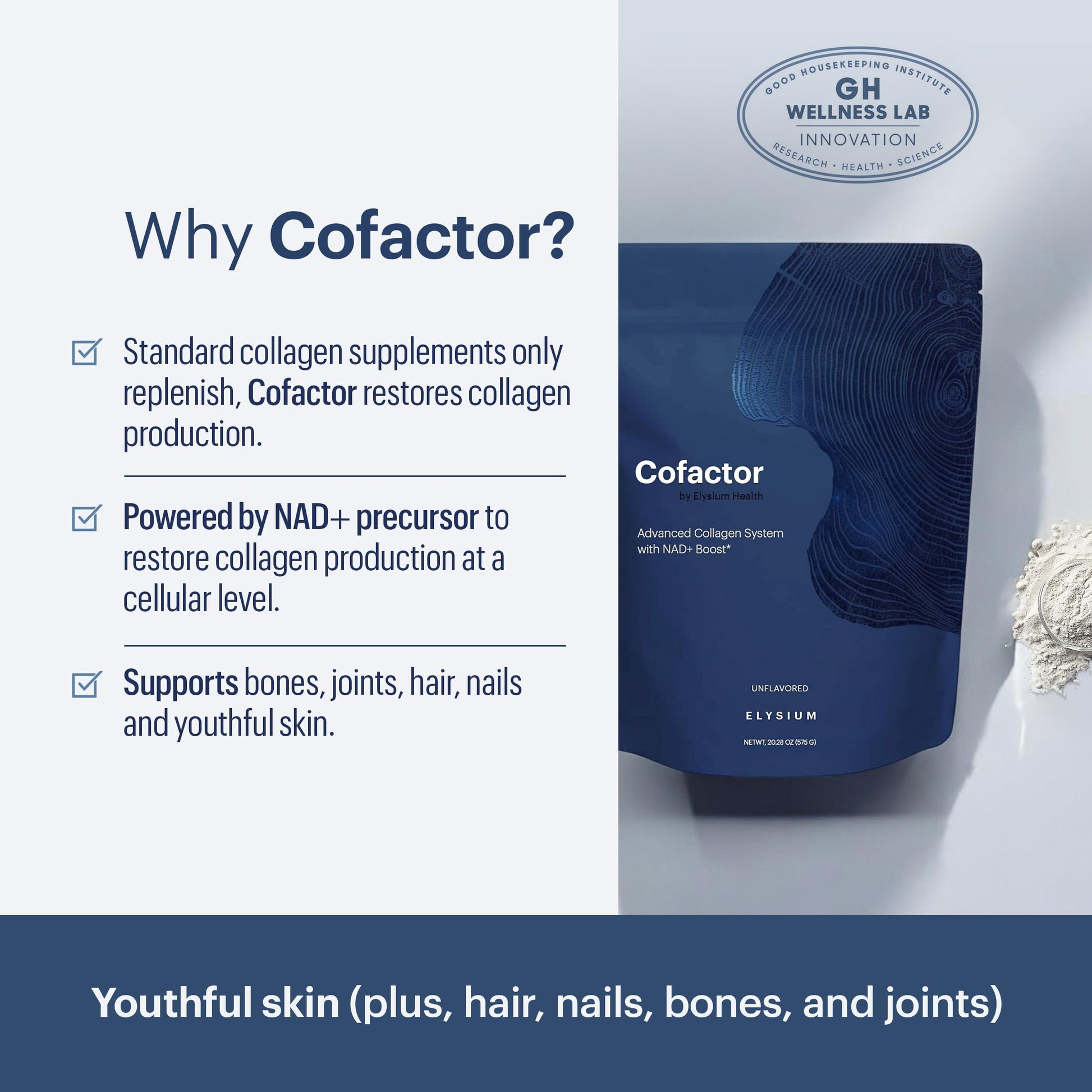 ELYSIUM Cofactor – 4-in-1 Collagen Peptides Powder w/NAD+, Hyaluronic Acid & Vitamin C for Skin, Hair, Nails, Joints & Cellular Health, Collagen Supplements for Men & Women – Unflavored, 28 Servings ELYSIUMUS supplements