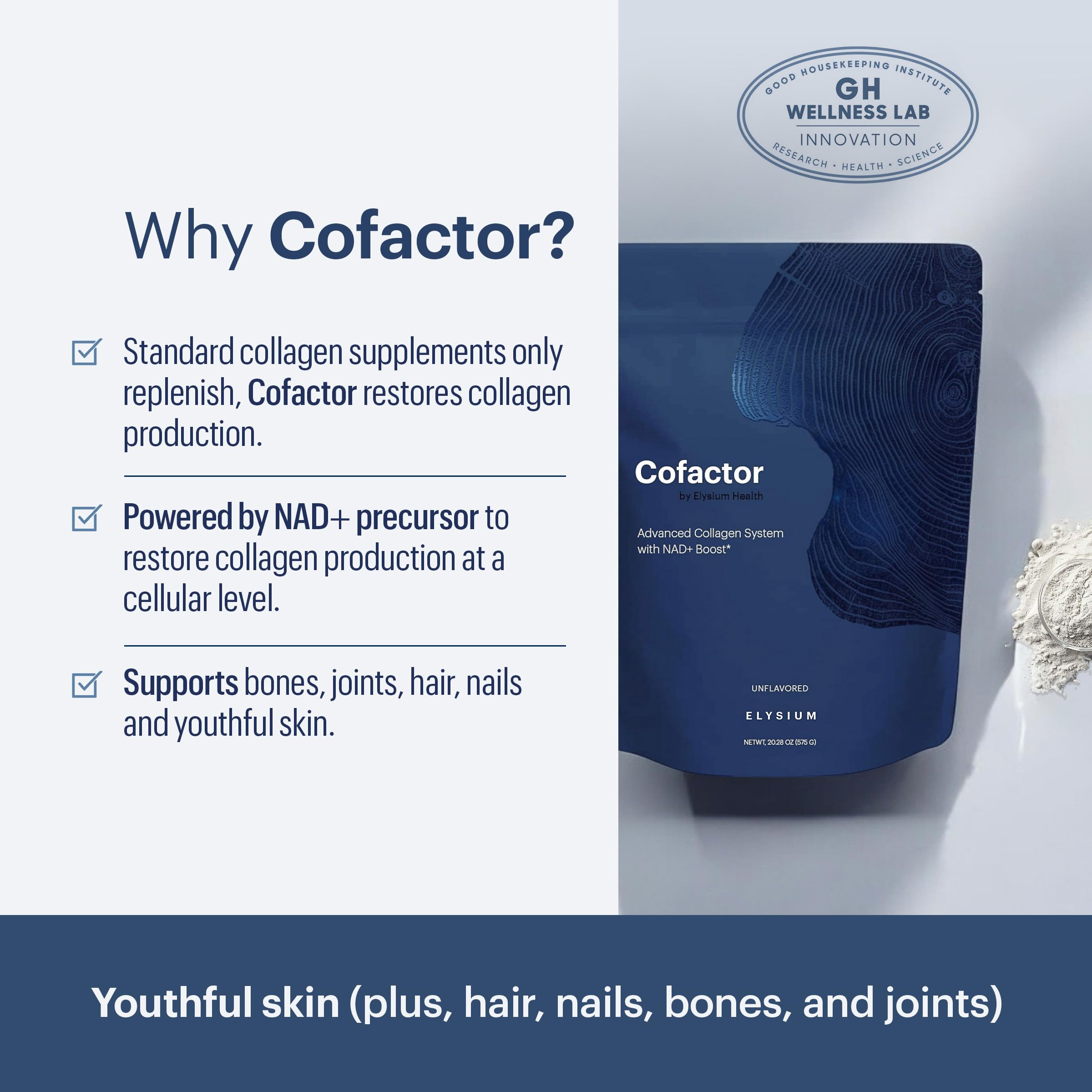 ELYSIUM Cofactor – 4-in-1 Collagen Peptides Powder w/NAD+, Hyaluronic Acid & Vitamin C for Skin, Hair, Nails, Joints & Cellular Health, Collagen Supplements for Men & Women – Unflavored, 28 Servings ELYSIUMUS supplements