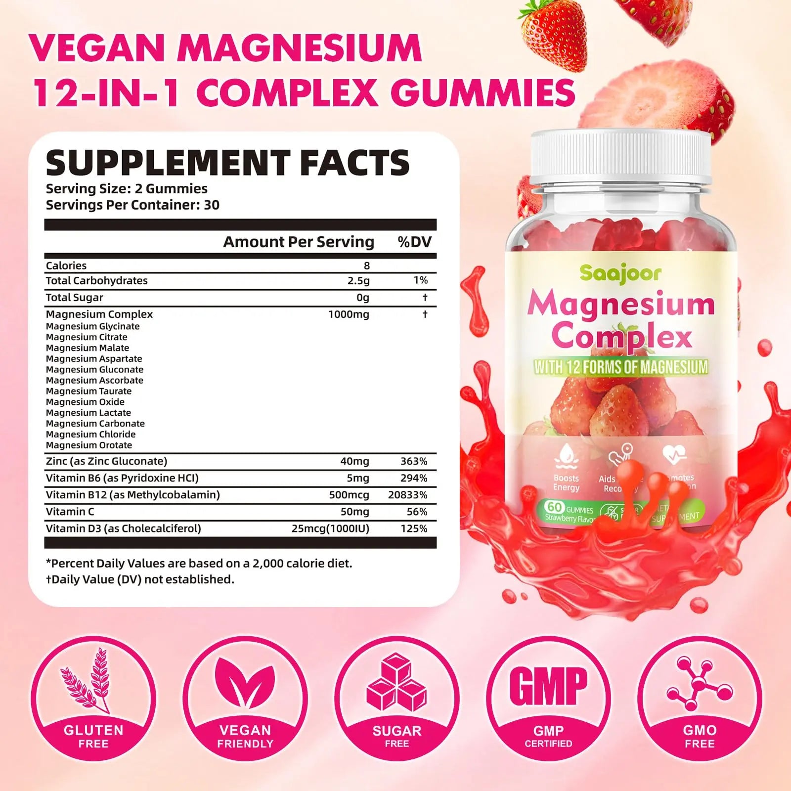 Magnesium Complex Gummies – with 12 Forms of Magnesium (Citrate, Glycinate, Malate, Oxide, and More) Plus Vitamins B6, B12, and C. for Women and Men – Strawberry Flavor, 60 Count Saajoornz supplements