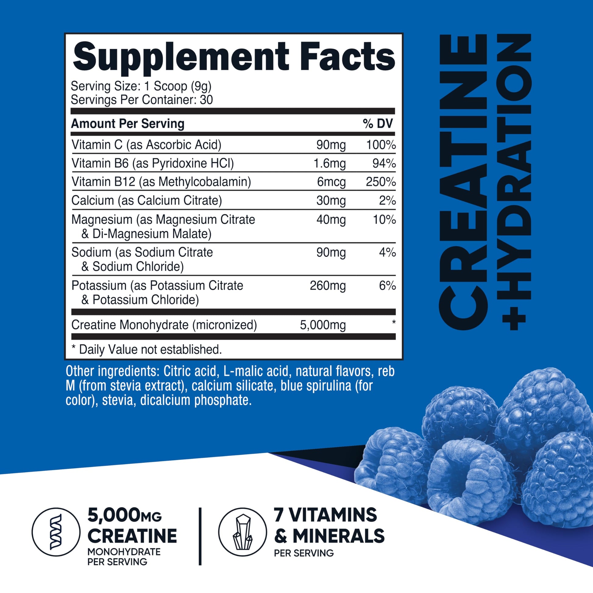 Nutricost Creatine Monohydrate + Hydration Blue Raspberry Flavored (30 Servings) - 7 Vitamins & Minerals, 5000mg of Creatine Per Serving NutricostAu supplements
