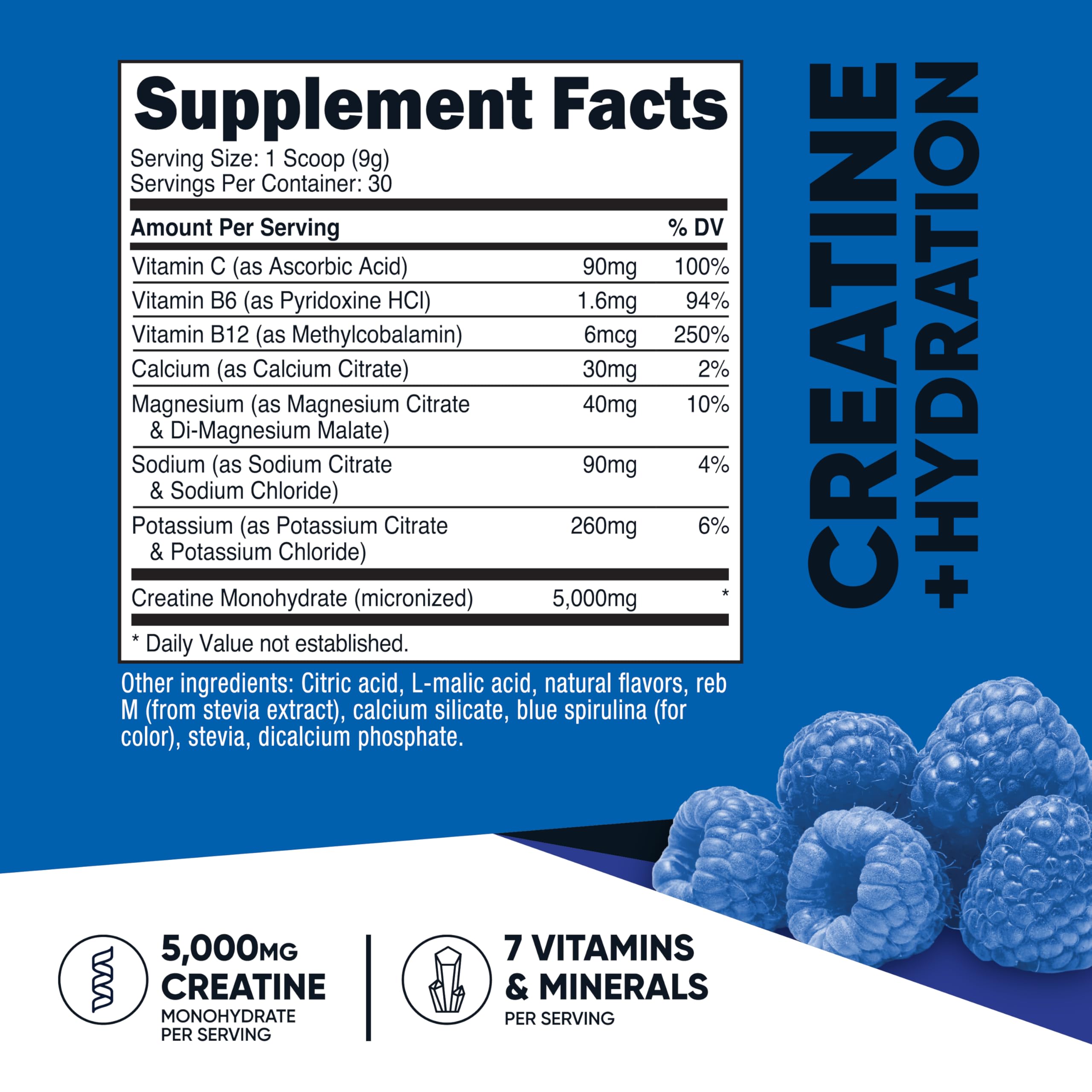 Nutricost Creatine Monohydrate + Hydration Blue Raspberry Flavored (30 Servings) - 7 Vitamins & Minerals, 5000mg of Creatine Per Serving NutricostAu supplements