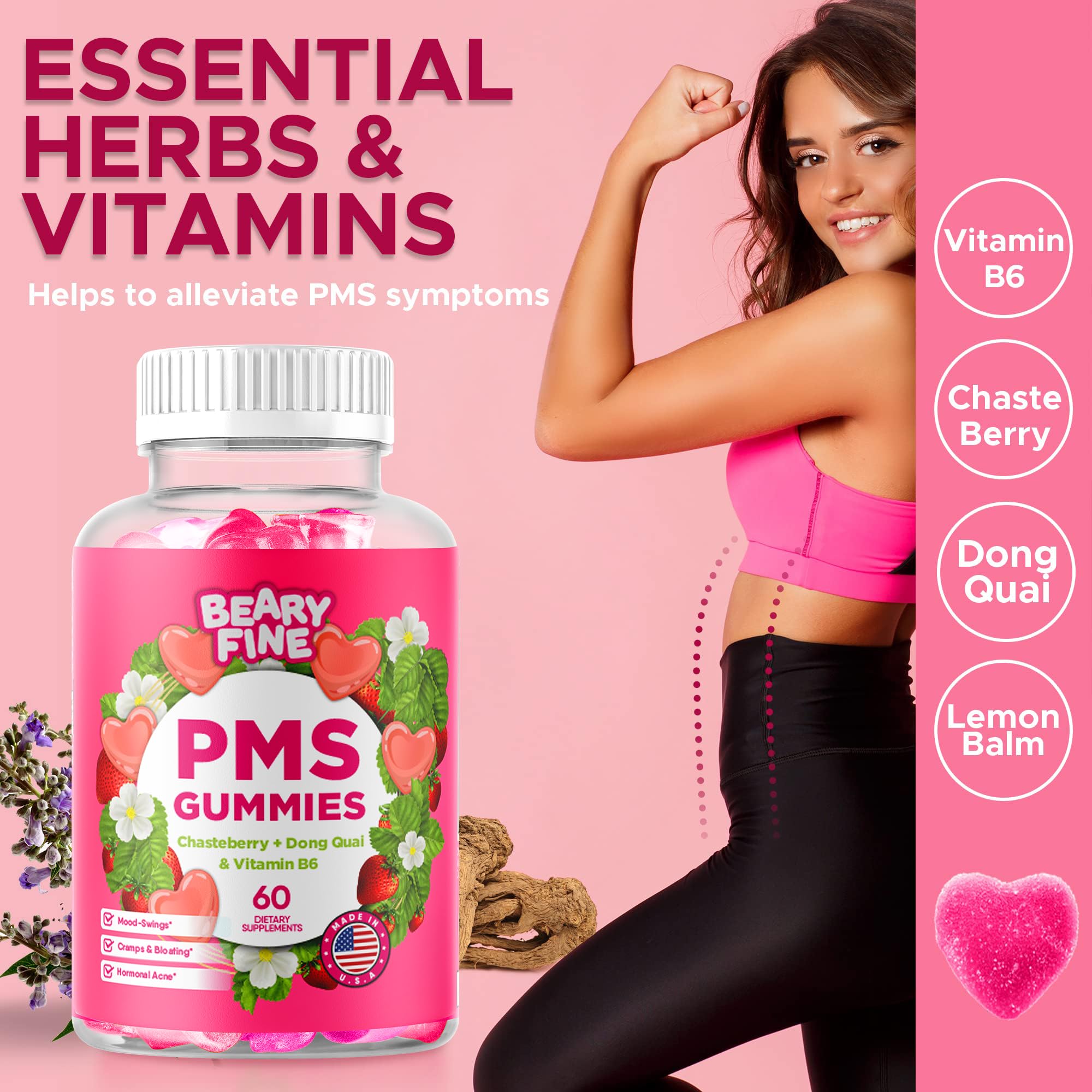 Beary Fine PMS Gummies - PMS Vitamins for Women & Teens - PMS Period Relief - Cramping, Bloating, Mood Swings - Made in The USA (Strawberry, 60 Count) Beary FineAu supplements