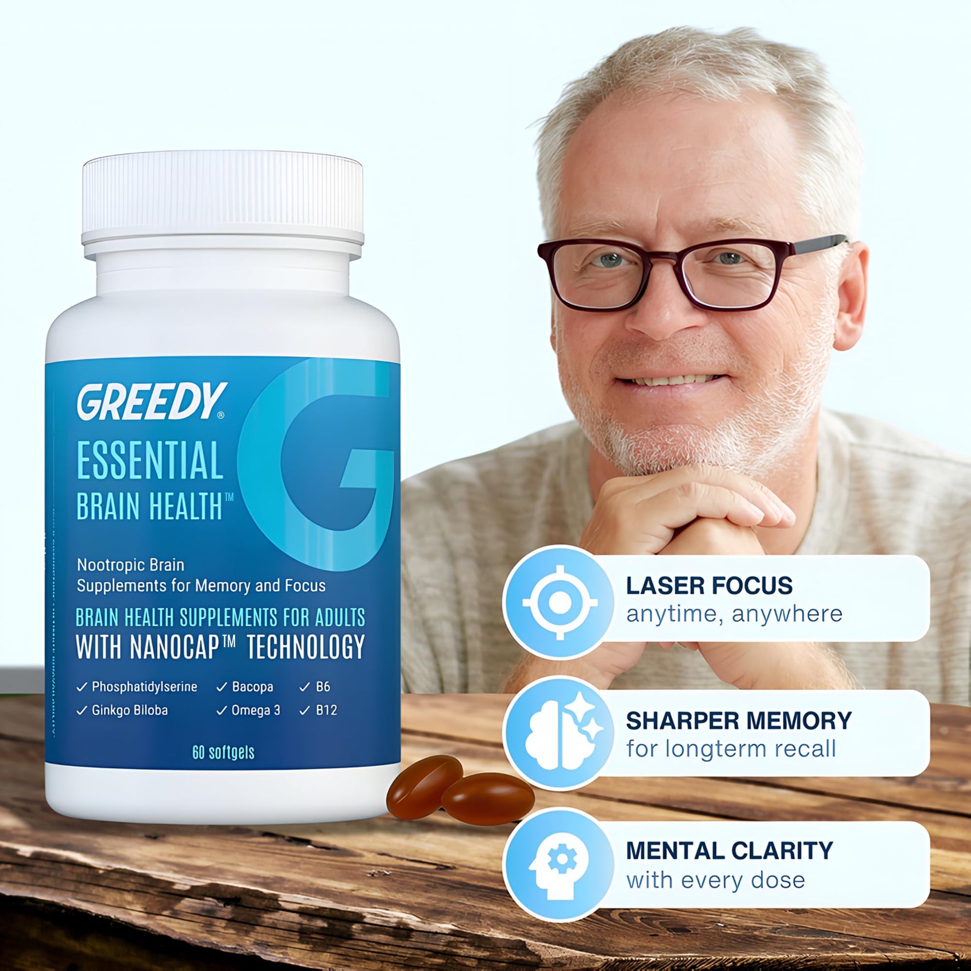 Essential Brain Health Supplements Nootropic for Memory and Focus – for Adults with NanoCap® Technology, Phosphatidylserine, Bacopa, Ginkgo Biloba, Omega 3, B6, B12, 60 Softgels by Greedy® Nutrition Platinum HealthAu supplements