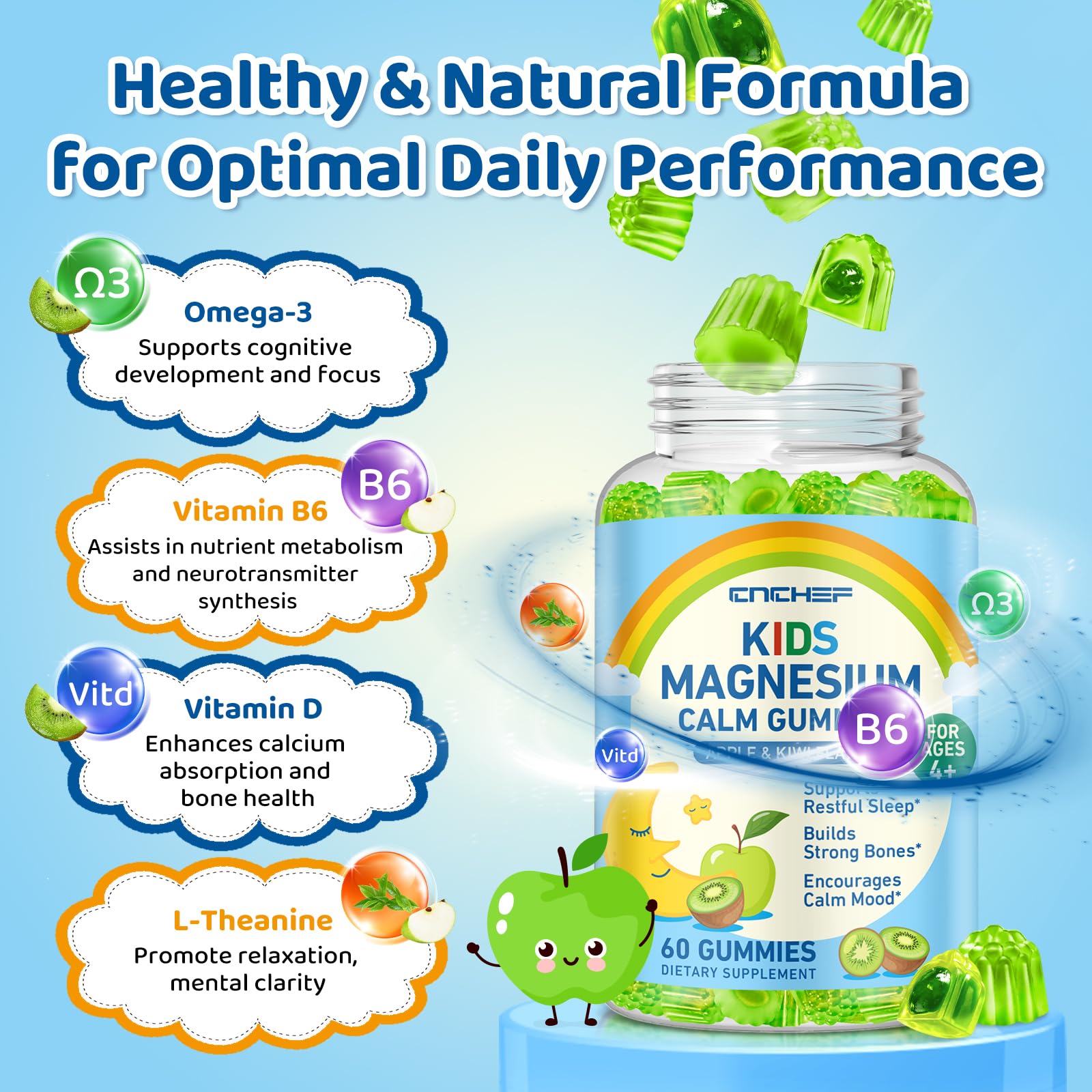 Center-Filled Magnesium Gummies for Kids 300MG - Magnesium Glycinate Gummies with L-theanine, Omega-3, Vitamin B6, D for Kids & Adults, Supplement for Sleep, Calm & Muscle Relaxation - Apple & Kiwi CNCHEFAu supplements