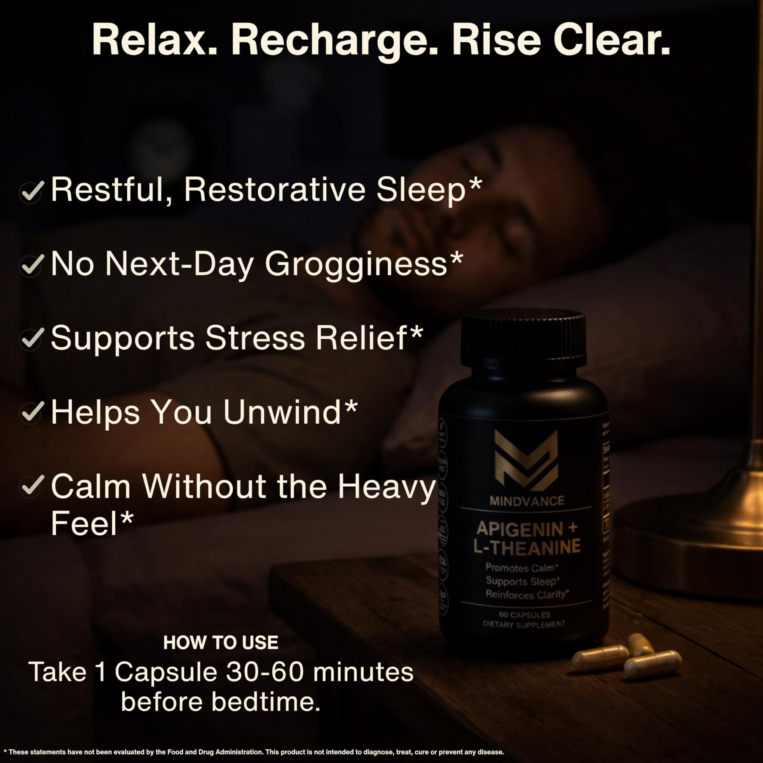 Mindvance Apigenin 100mg with L-Theanine 200mg Supplement Capsules for Sleep Support, Relaxation, Clarity & Calm | Melatonin Free | 60 Vegan Capsules MindvanceAu supplements