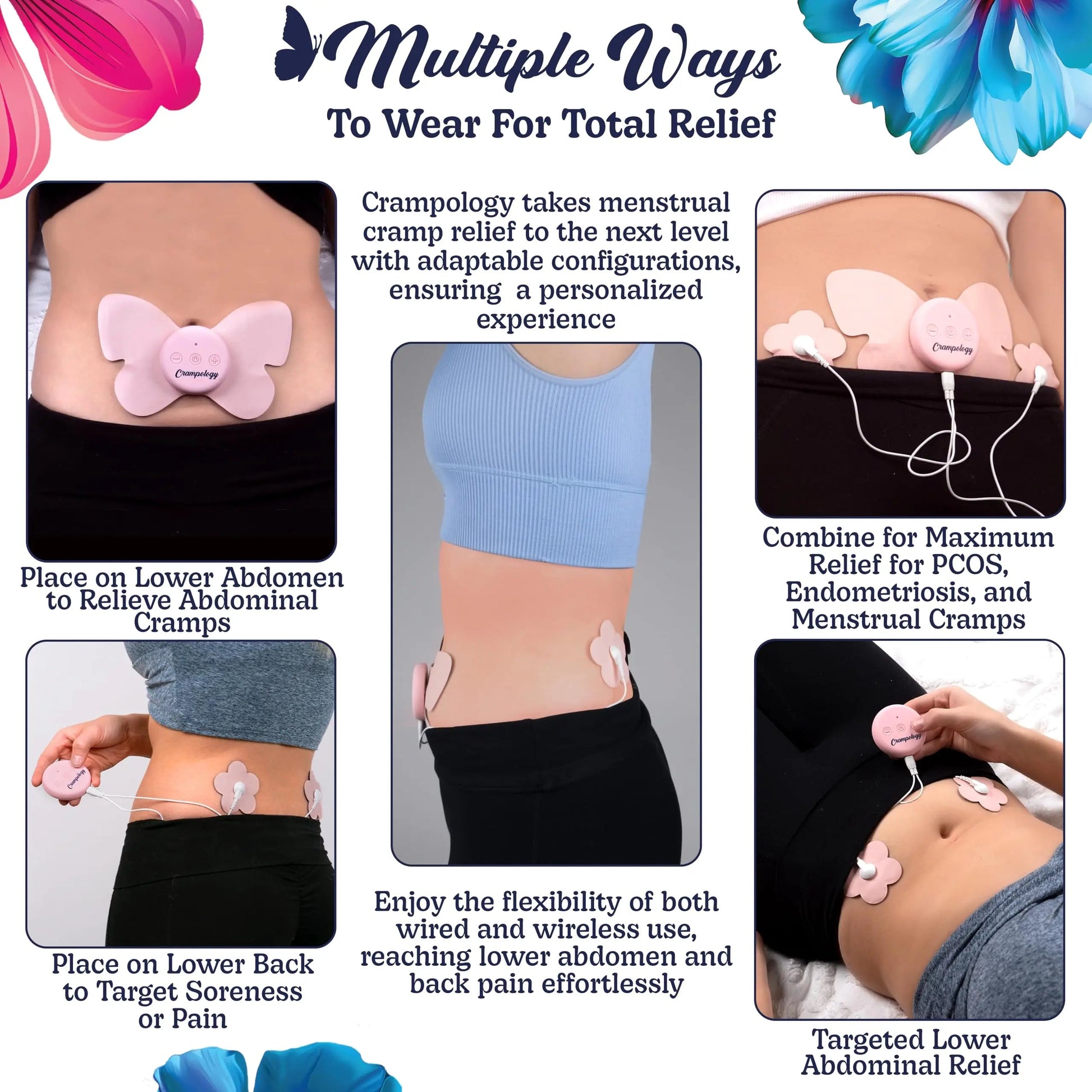 Crampology Relief Pink-Period Cramps Pain Relieving Device, Cramp Massager for Menstrual and Lower Back Ache, Reduces Endometriosis Discomfort, PMS TENS Unit, Wireless or Wired, Natural Cycle Support CrampologyAu supplements