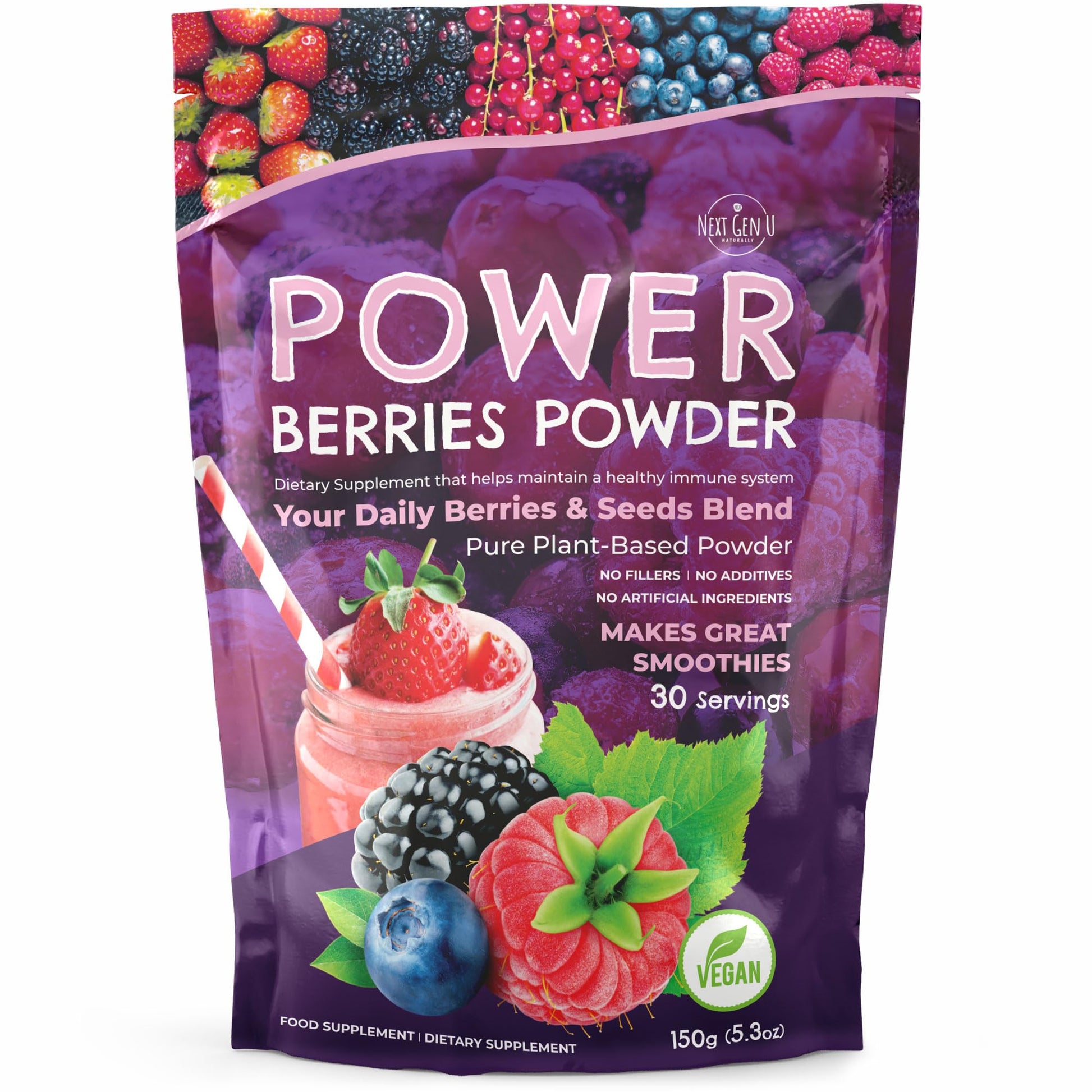 Super Berry Powder - 150g - Immune Support - Food Supplement - Superfood Berries - Smoothie Mix for Shakes - Healthy Boost for Detox Juice Beverages or Any Drink - by NextGenU NGU Next Gen UAu supplements