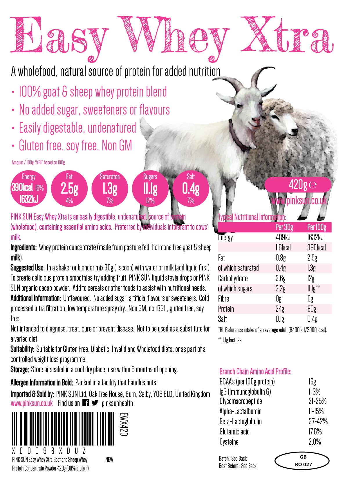 PINK SUN Goat Sheep Whey Protein Powder 420g (80% Protein) Pure Unflavoured Concentrate PINK SUNAu supplements