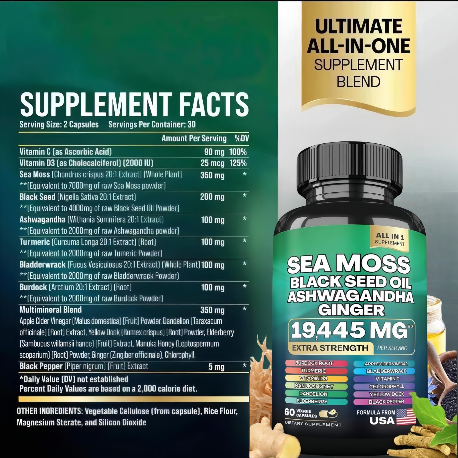 HealthyFinds Sea Moss Black Seed Oil Ashwagandha Ginger Capsules with Turmeric Bladderwrack Burdock & Vitamin C Vitamin D3 with Elderberry Manuka Dandelion Yellow Dock Iodine Chlorophyll ACV HealthyFindsAu supplements