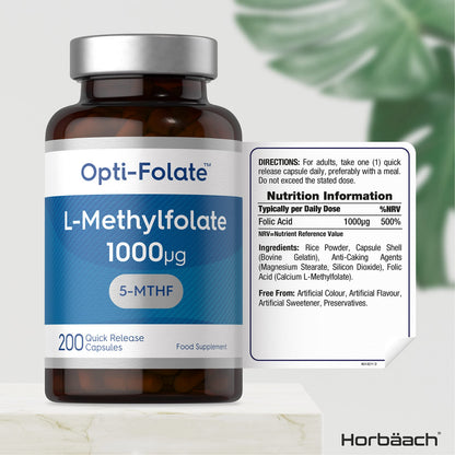 L-Methylfolate 1000ug | 200 Capsules | 5-MTHF Folate Supplement | Active Form HorbäachUS supplements
