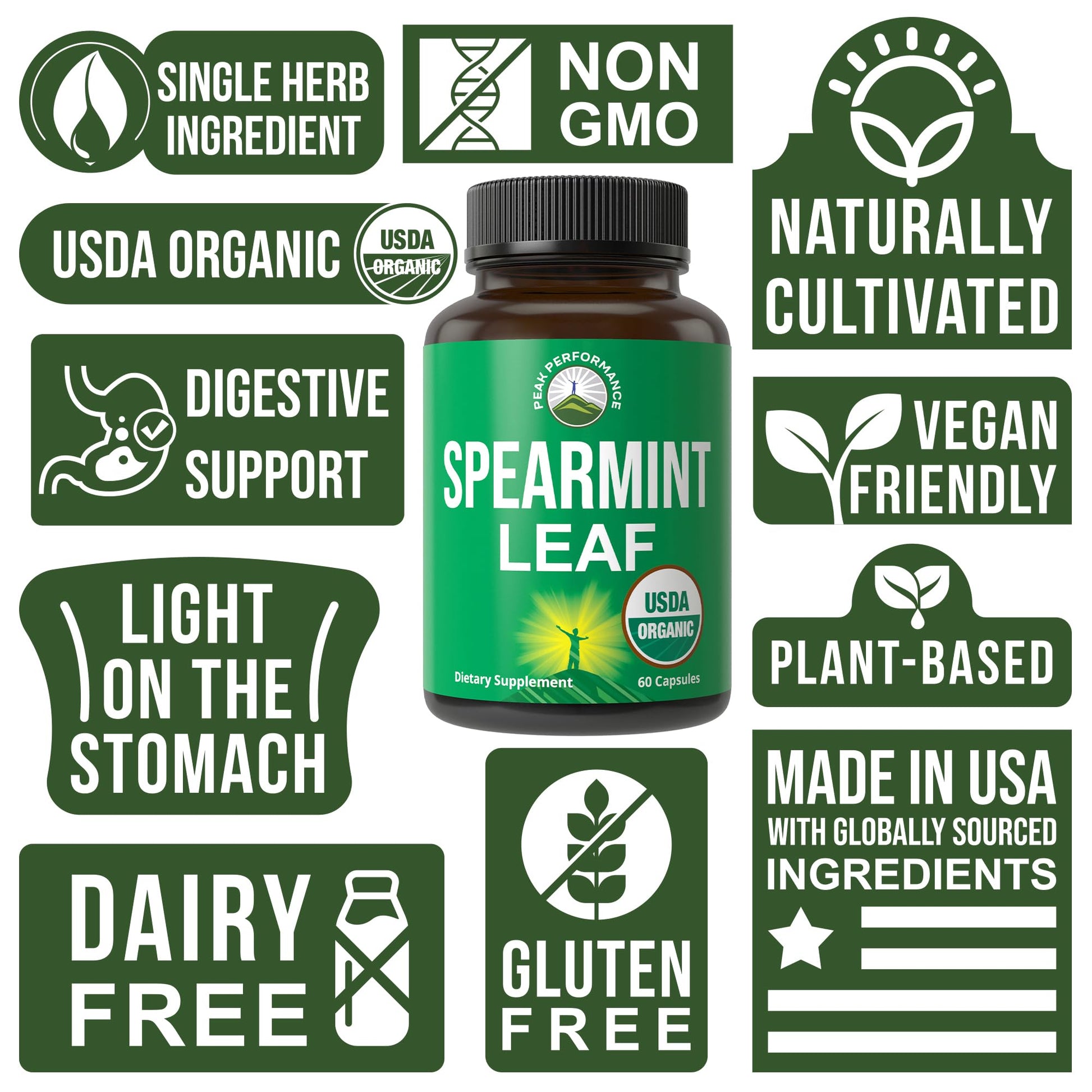 Peak Performance USDA Organic Spearmint Capsules. Organic Vegan Spearmint Leaf Pills for Digestive Support, Ingestion, and More. USA Tested Supplement for Women and Men. Peak PerformanceAu supplements