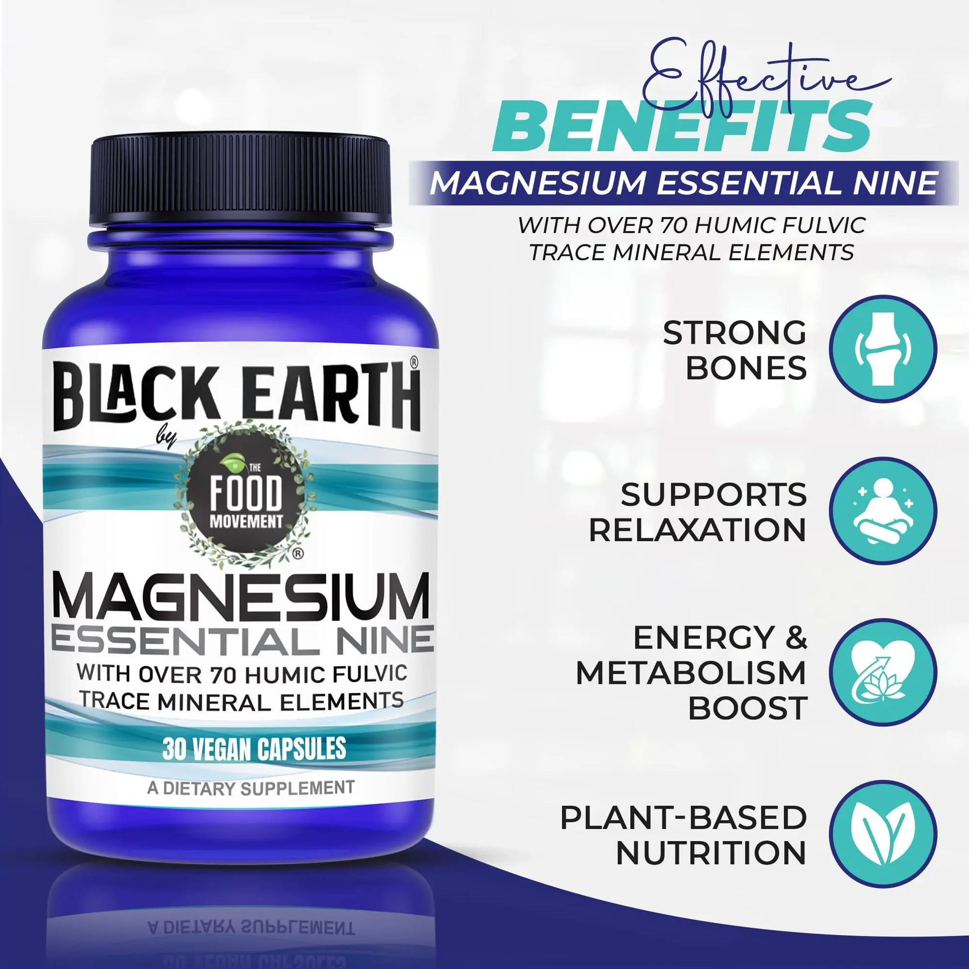 The Food Movement Co. Black Earth Magnesium Essential Nine - Vegan Capsules with Magnesium Glycinate, Citrate, Malate and More - 9 Bioactive Forms for Optimal Health (30 Count) THE FOOD MOVEMENT CO.nz supplements