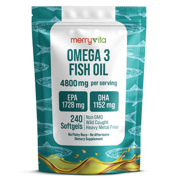 Omega 3 Fish Oil 4800 mg – EPA 1728 mg | DHA 1152 mg from Wild-Caught Anchovies – Burpless Mini Softgels – Pure Omega-3 Fatty Acid Supplement – Non-GMO, Gluten-Free, No Aftertaste – 240 Capsules MERRY VITAAu supplements