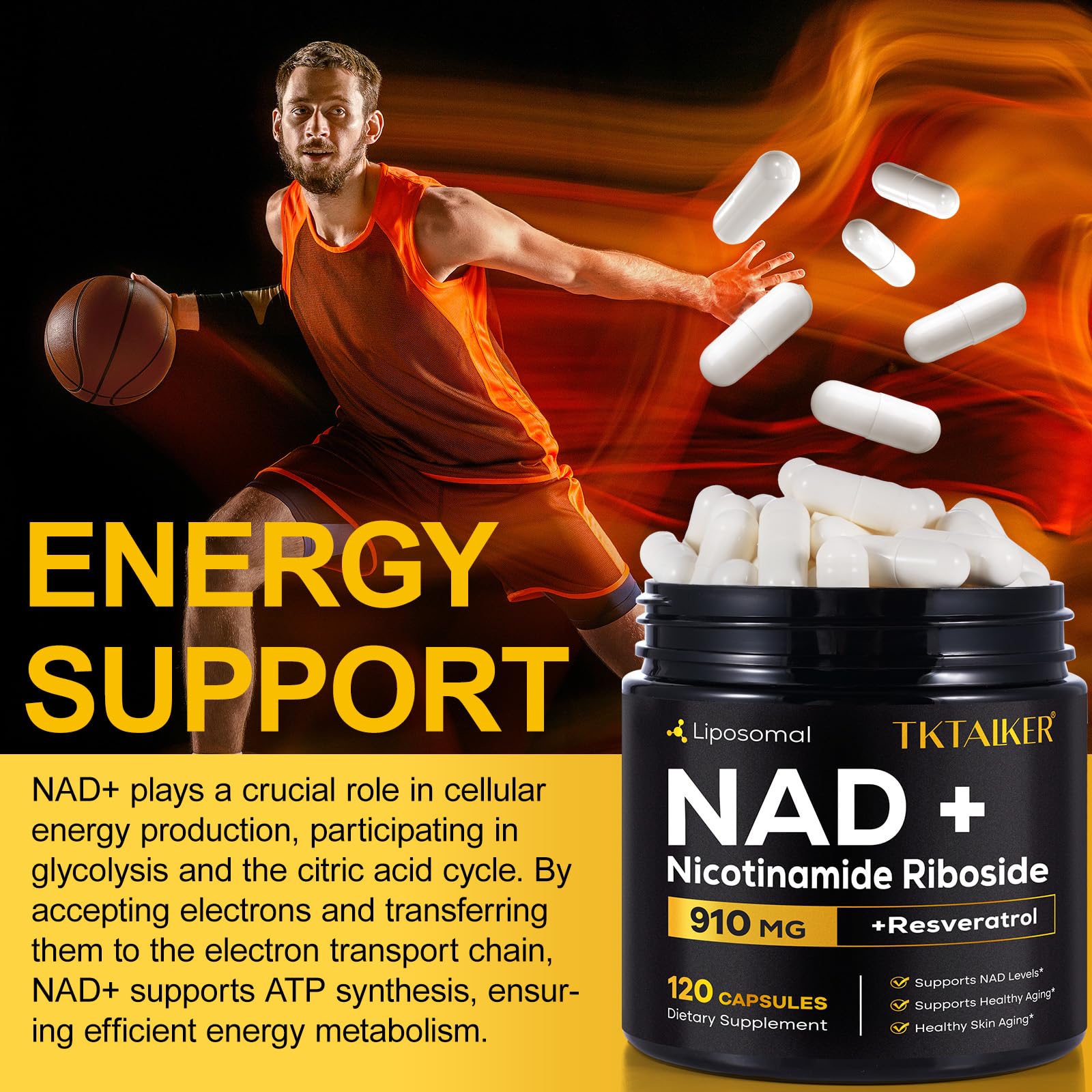 TKTALKER NAD Supplement, 910MG Liposomal Nicotinamide Riboside with Resveratrol & Quercetin, Anti-Aging, Cellular Energy, Mental Focus & Stamina & Healthy, Women & Men, 120 Capsules TKTALKERAu supplements