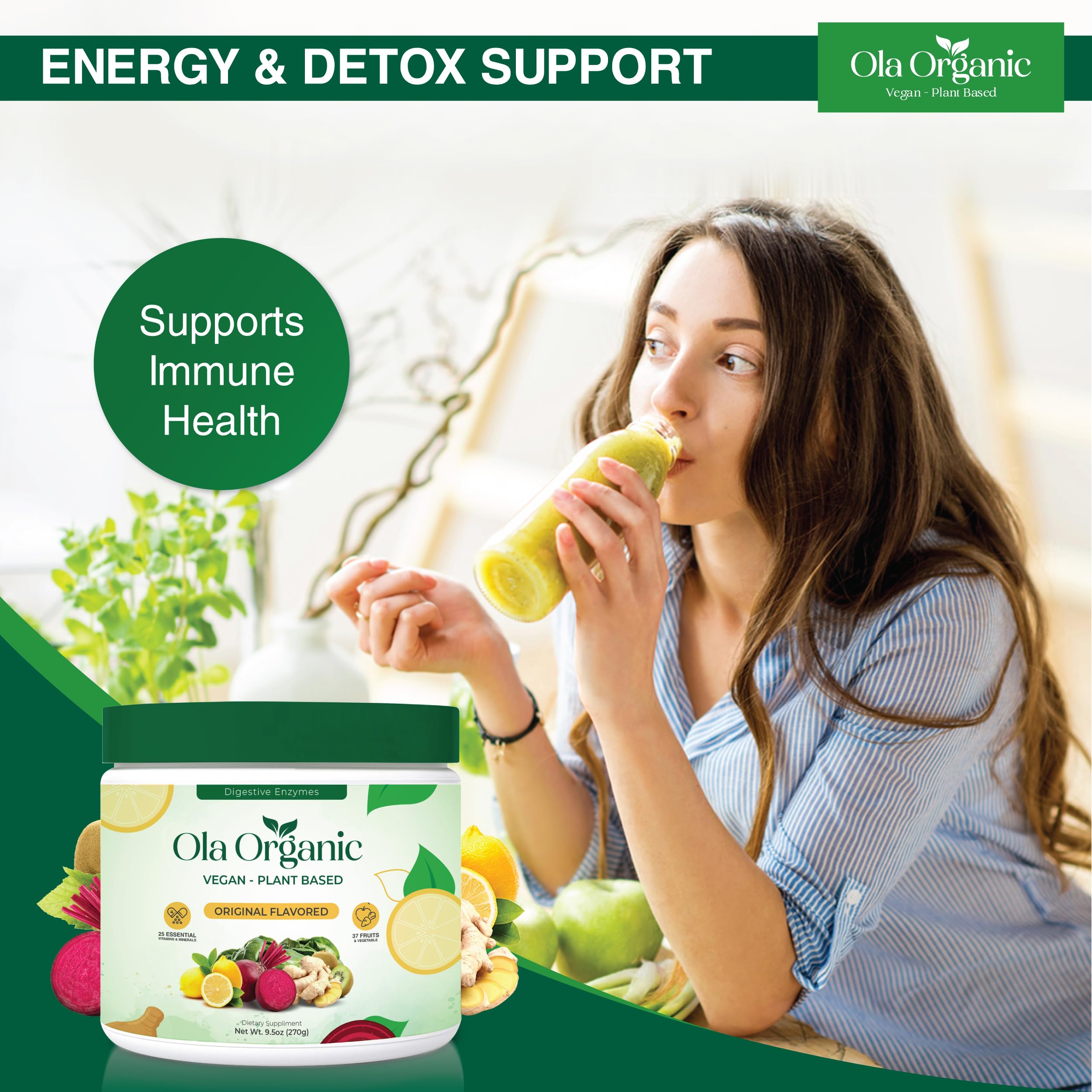 Ola Organic Greens Superfood Powder – Blend of 11 Cruciferous Vegetables with Phytonutrients – Supports Energy, & Immune Health Support – Non-GMO Vegetable Supplement (270g Jar) Ola OrganicAu supplements
