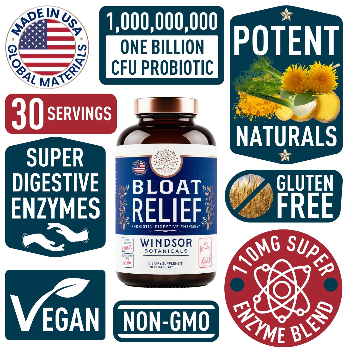 Bloat Relief Probiotic and Digestive Enzymes - Anti Bloating Turmeric, Fennel, Bromelain IBS WINDSOR BOTANICALSUS supplements