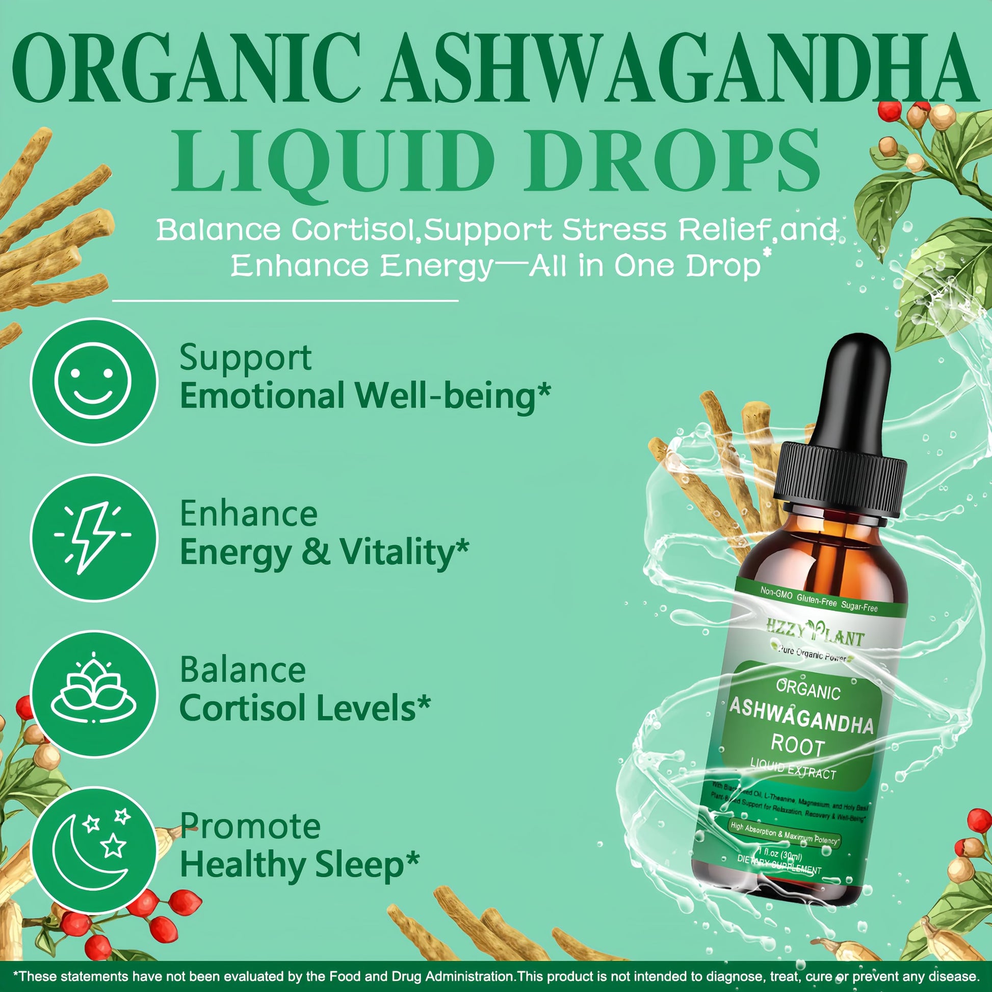 Organic Ashwagandha Drops,High Absorption Ashwagandha Extract Tincture for Stress Relief,Relaxation,Cortisol Support,Ashwagandha for Women & Men with Magnesium,L Theanine,Black Seed Oil,Vegan,Non-GMO HZZYPLANTAu supplements