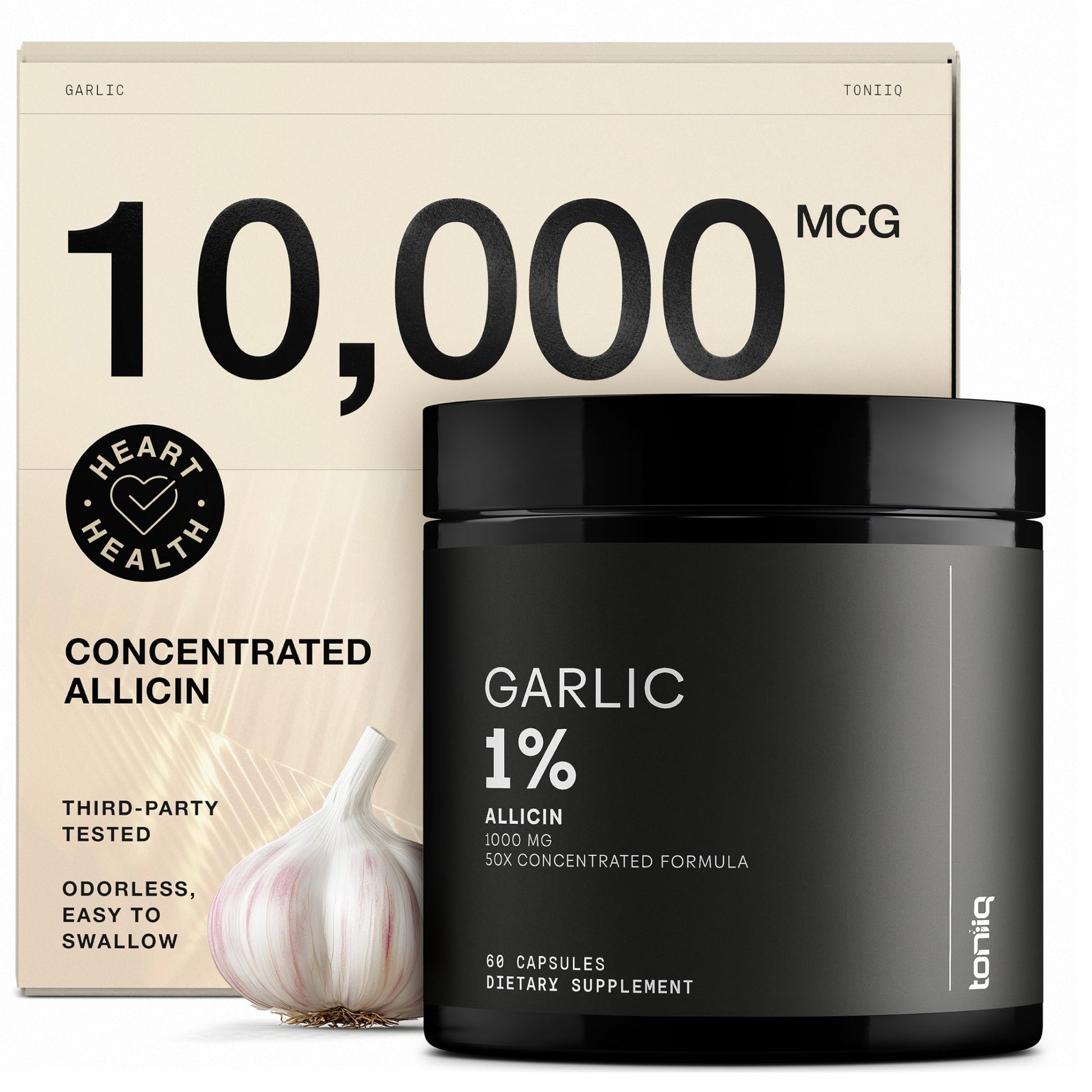 Toniiq Garlic Capsules with 10,000mcg Allicin - Odorless - 50:1 Extract for Maximum Potency - Third-Party Lab Tested - 60 Vegetarian Capsules ToniiqAu supplements