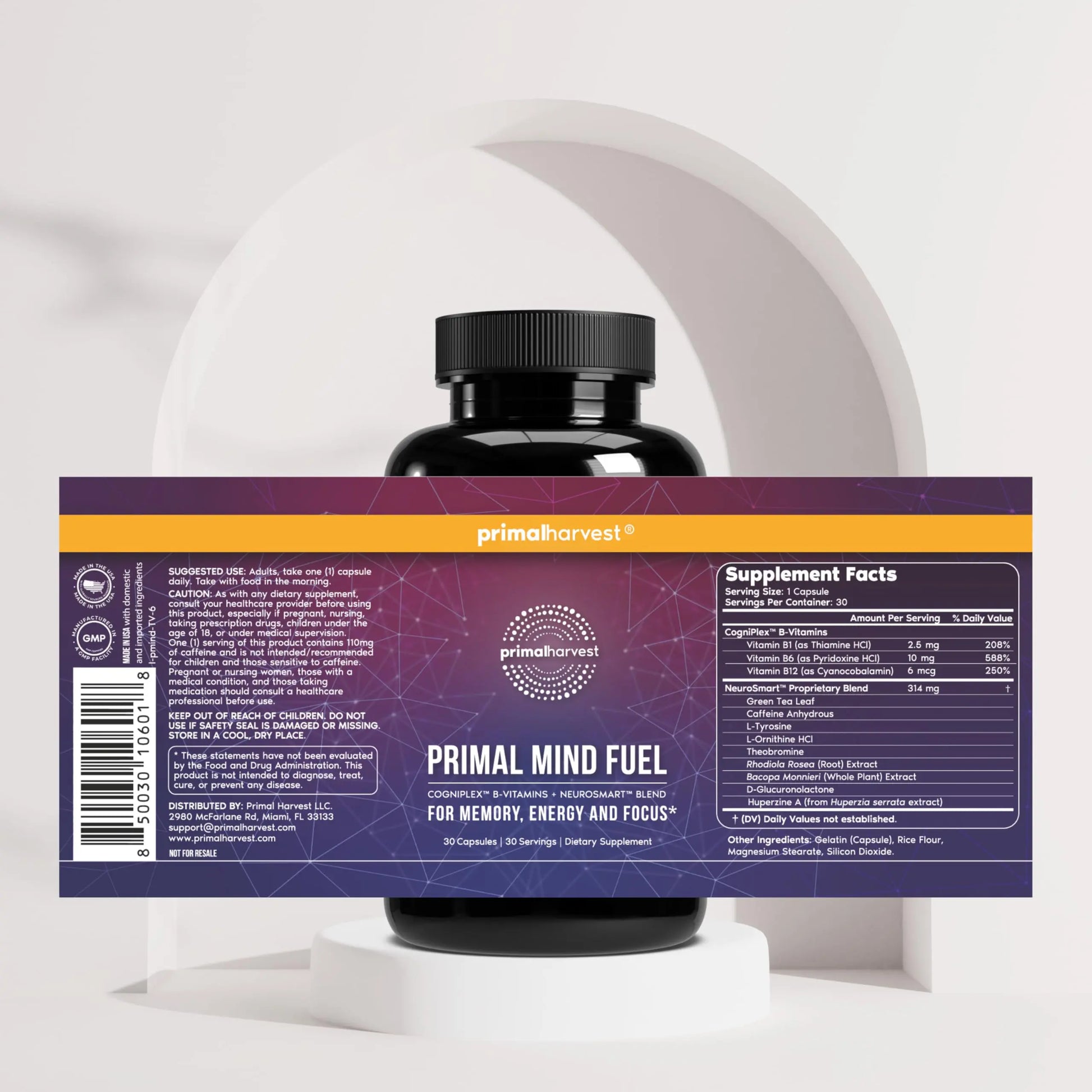 Brain Supplement by Primal Harvest, Primal Mind Fuel Brain Booster for Focus, Energy, Clarity, and Brain Health 30 Capsules Nootropics Brain Support Supplement for Men and Women Primal HarvestAu supplements