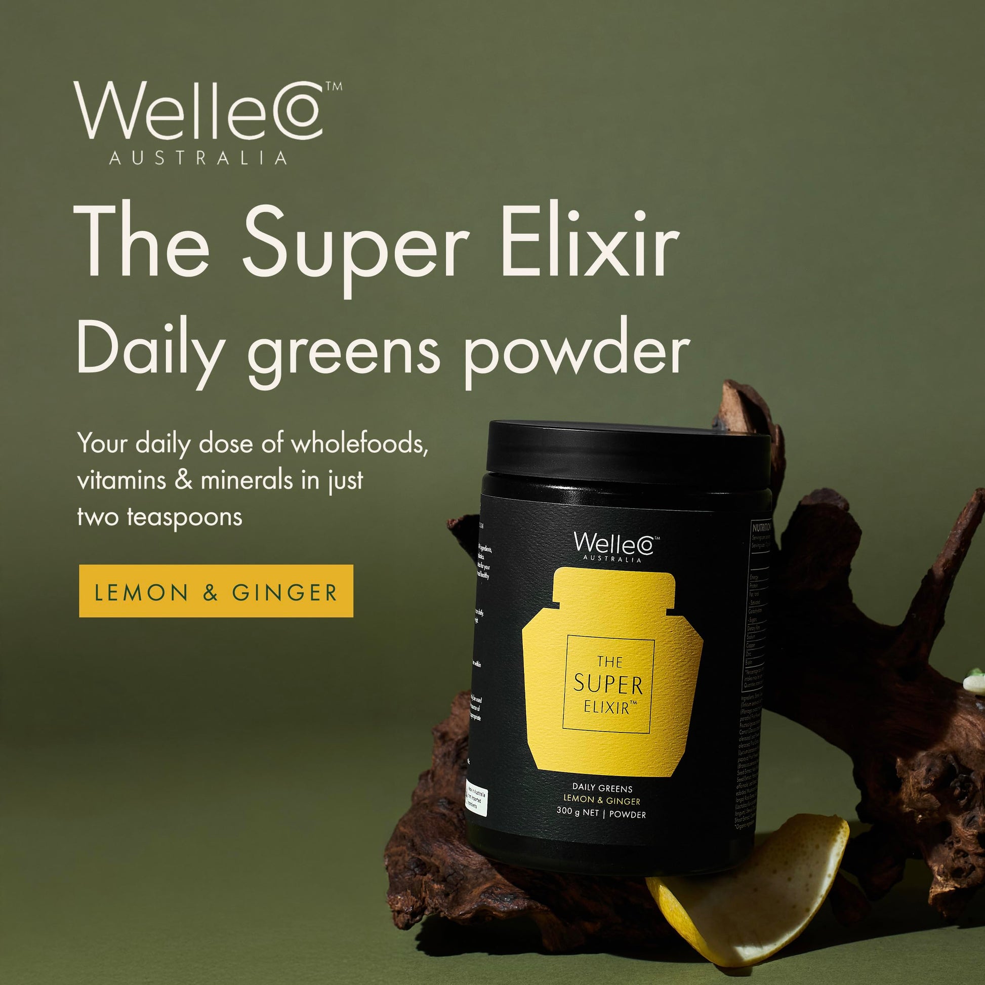 WelleCo The Super Elixir Daily Greens Powder, Probiotic Drink Mix with Whole Foods, Gluten Free, Vegan Gut Health Powder, Energy, Immunity, Healthy Skin, Hair & Nails (300g, Lemon Ginger) WelleCoAu supplements