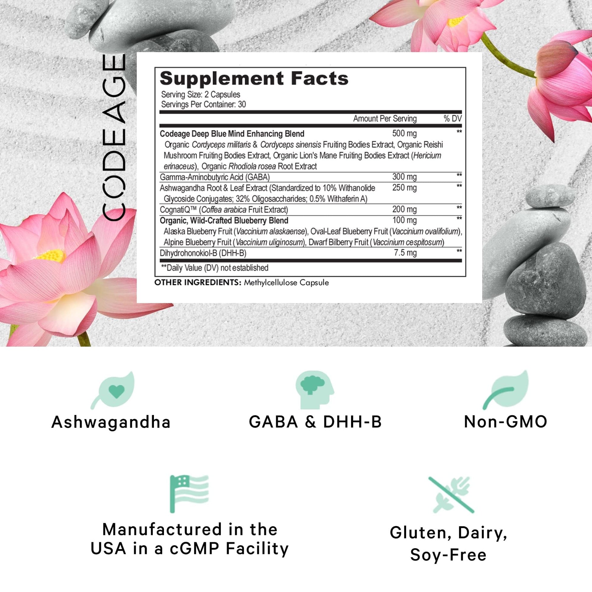 Codeage Meditate Vitamins+ Supplement - CognatiQ, DHH-B, GABA, Ashwagandha, Organic Mushrooms, Blueberries - BDNF Brain Pills and Neuroprotein - Vegan, Non-GMO, Gluten-Free - 60 Capsules CodeageAu supplements