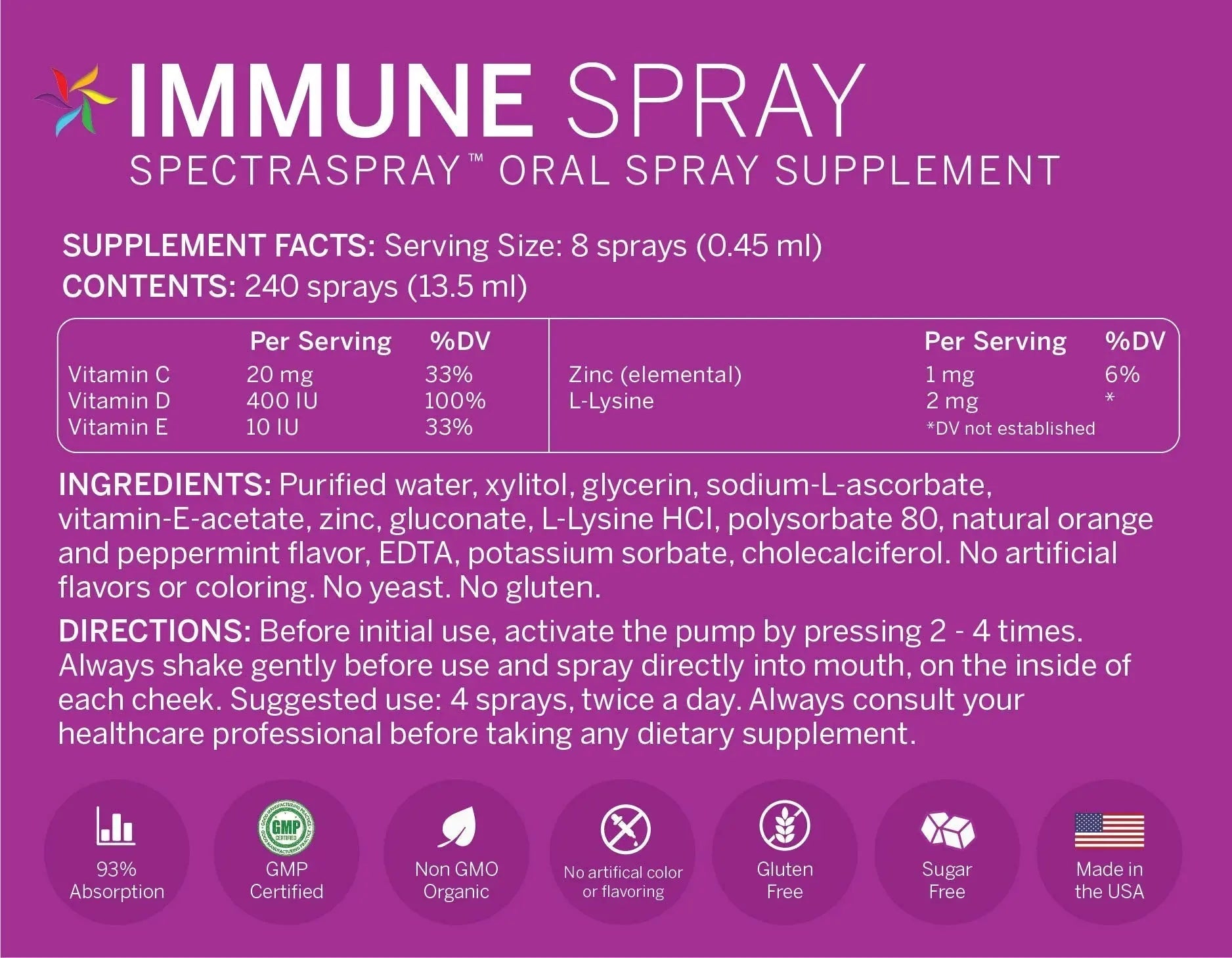 Spectraspray Immune Support Vitamin Spray - Vitamins C, E, Zinc and L-Lysine, 30 Day Supply per Spray Spectraspraynz supplements
