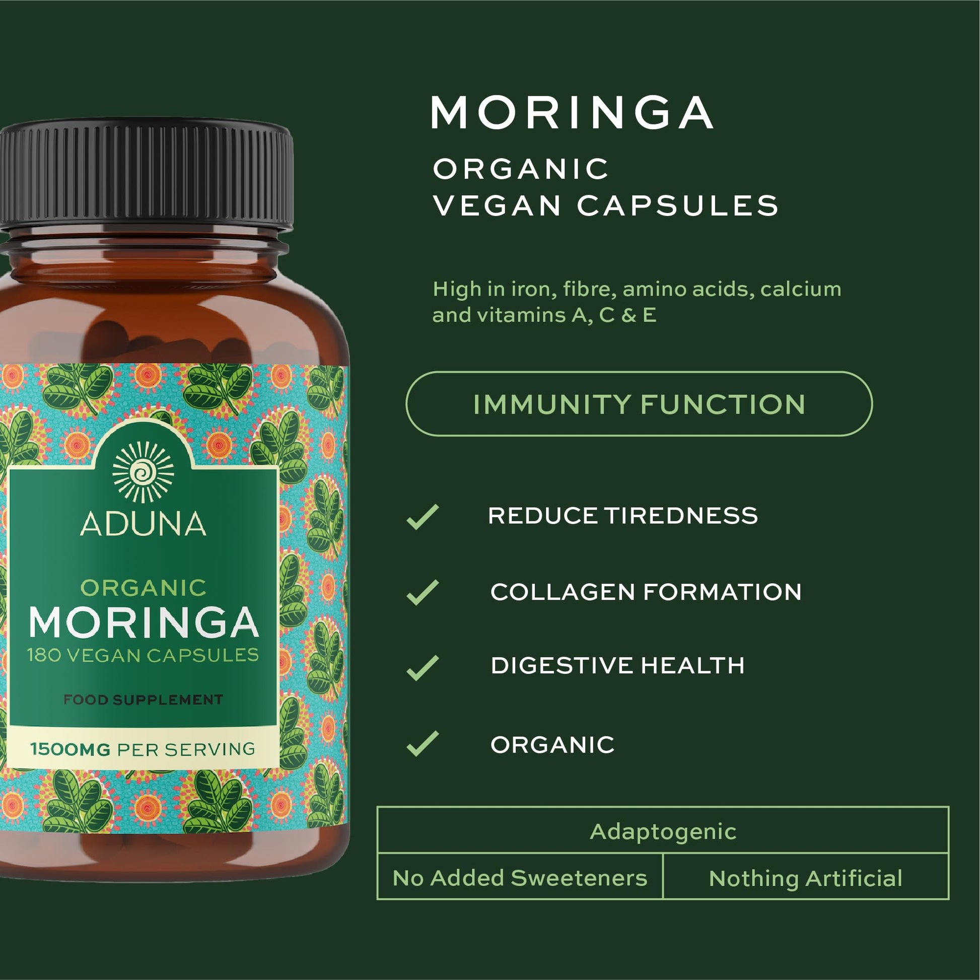 Aduna Organic Moringa Capsules 1500mg | 100% Pure Moringa Leaf for Energy, Immunity & Focus | Natural Plant-Based Food Supplement for Tiredness, Recovery & Breastfeeding | 180 Vegan Capsules AdunaAu supplements