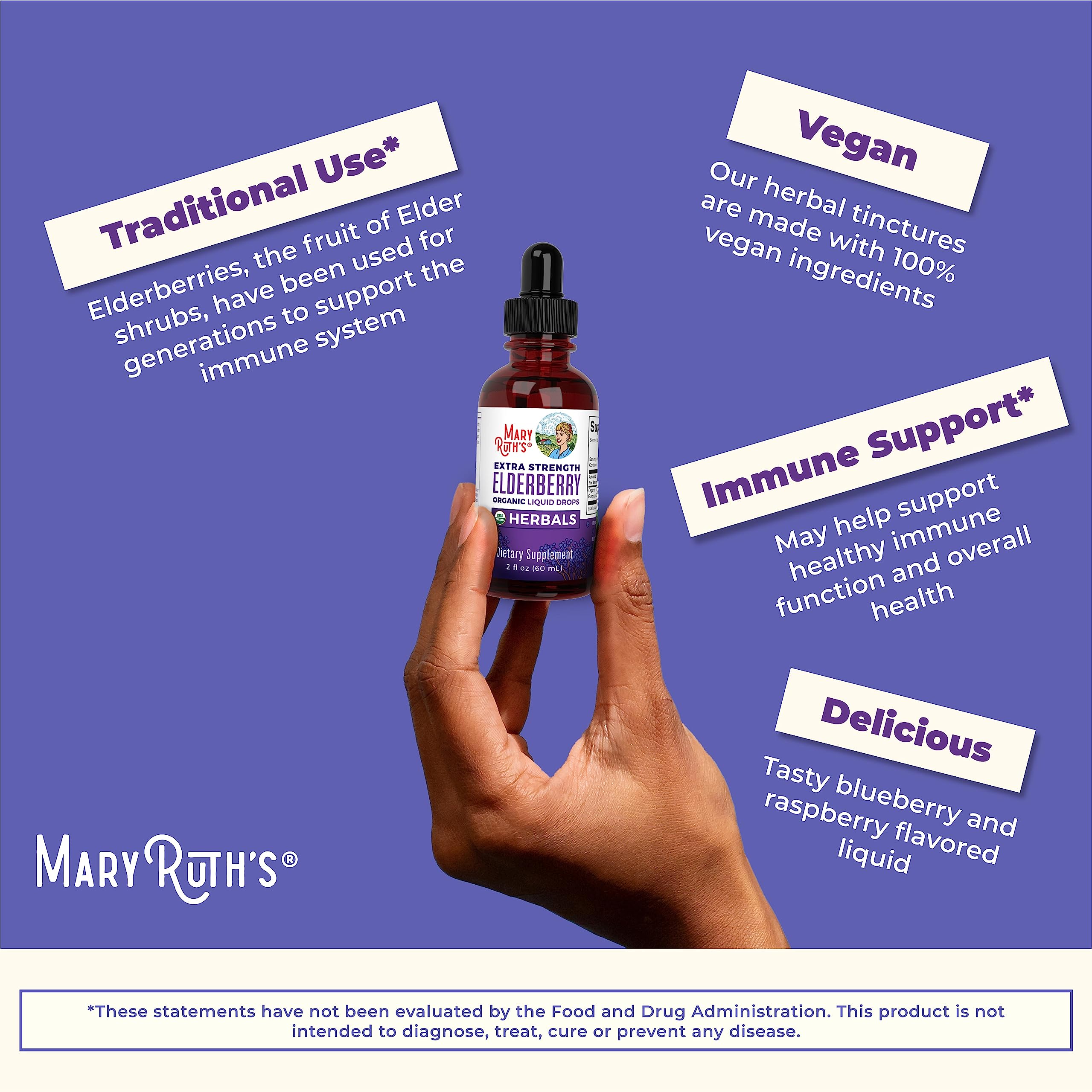 MaryRuth Organics Elderberry Syrup Extra Strength, USDA Organic Elderberry, Sugar Free Adults & Kids Immune Support Supplement for Ages 1+, Clean Label Project Verified®, Vegan, Gluten Free, 2 Fl Oz MARYRUTH'SUS supplements