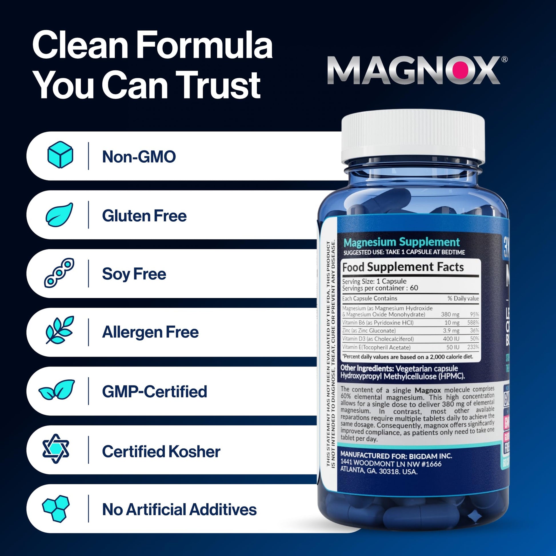 MAGNOX® Buster | Patented Clinically Tested 380mg Magnesium Supplement for Spasms & Leg Cramps at Night | One Capsule a Day for Almost Full Dosage | 3X More Absorption | Dead Sea Minerals (60 Caps) MAGNOXAu supplements